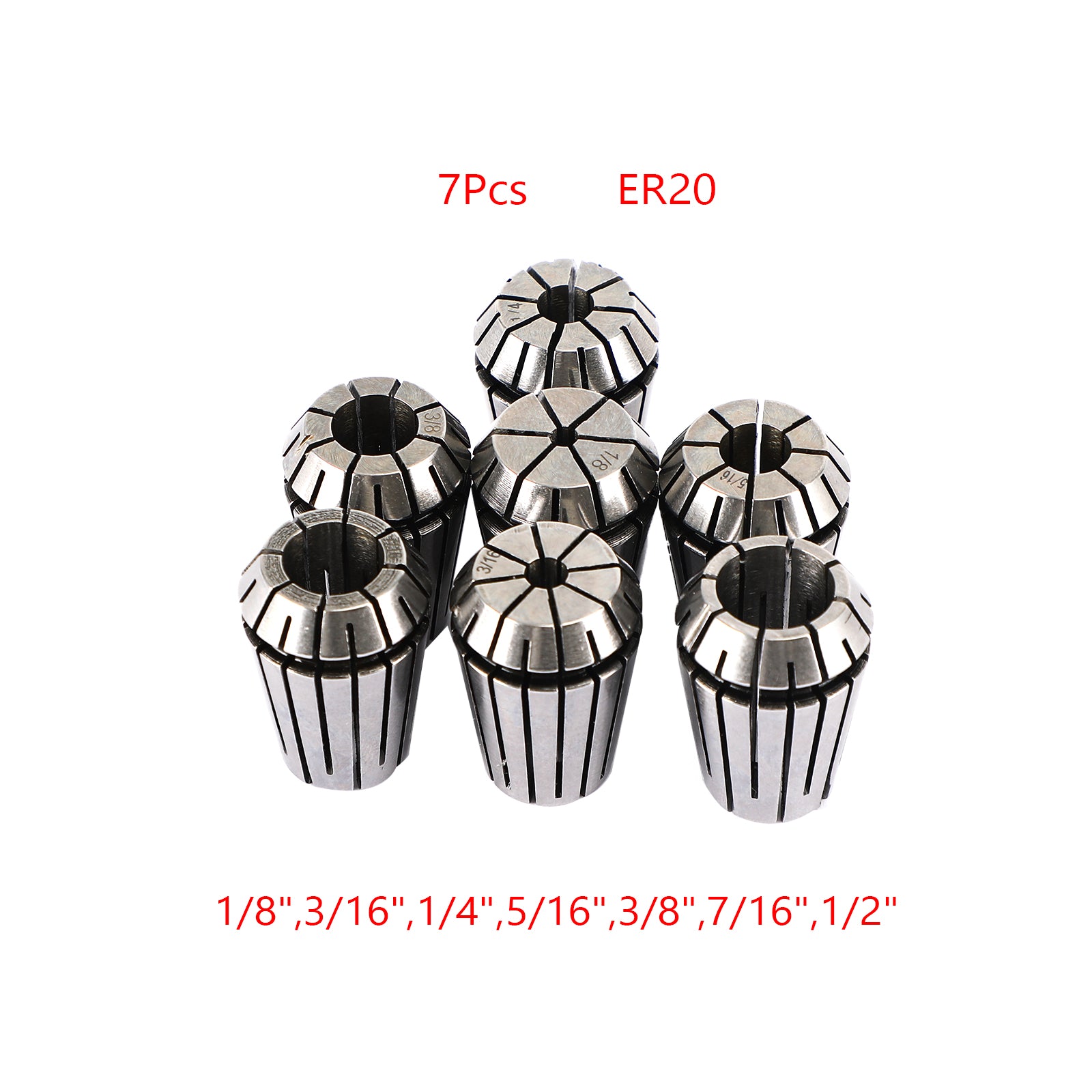 7Pcs ER20 Spring Collet Set For CNC Milling Lathe Tool Engraving Machine Steel, 7Pcs ER20(1/8-1/2")"