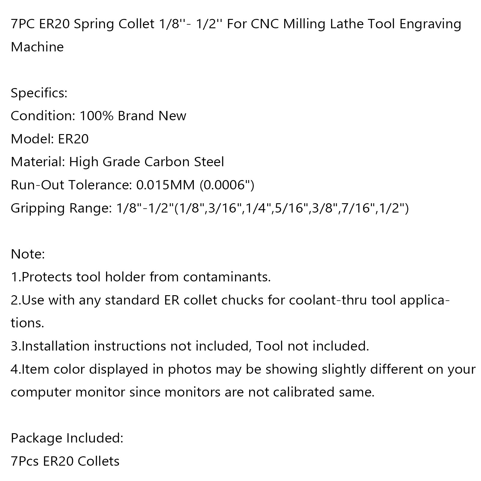 7Pcs ER20 Spring Collet Set For CNC Milling Lathe Tool Engraving Machine Steel, 7Pcs ER20(1/8-1/2")"
