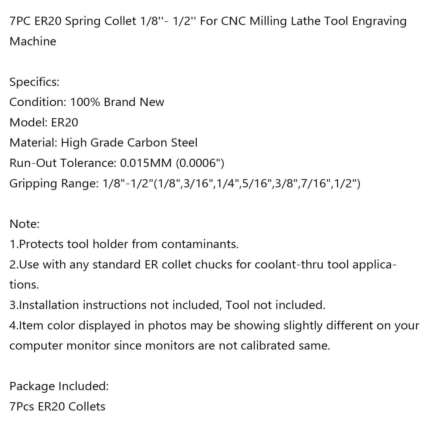 7Pcs ER20 Spring Collet Set For CNC Milling Lathe Tool Engraving Machine Steel, 7Pcs ER20(1/8-1/2")"