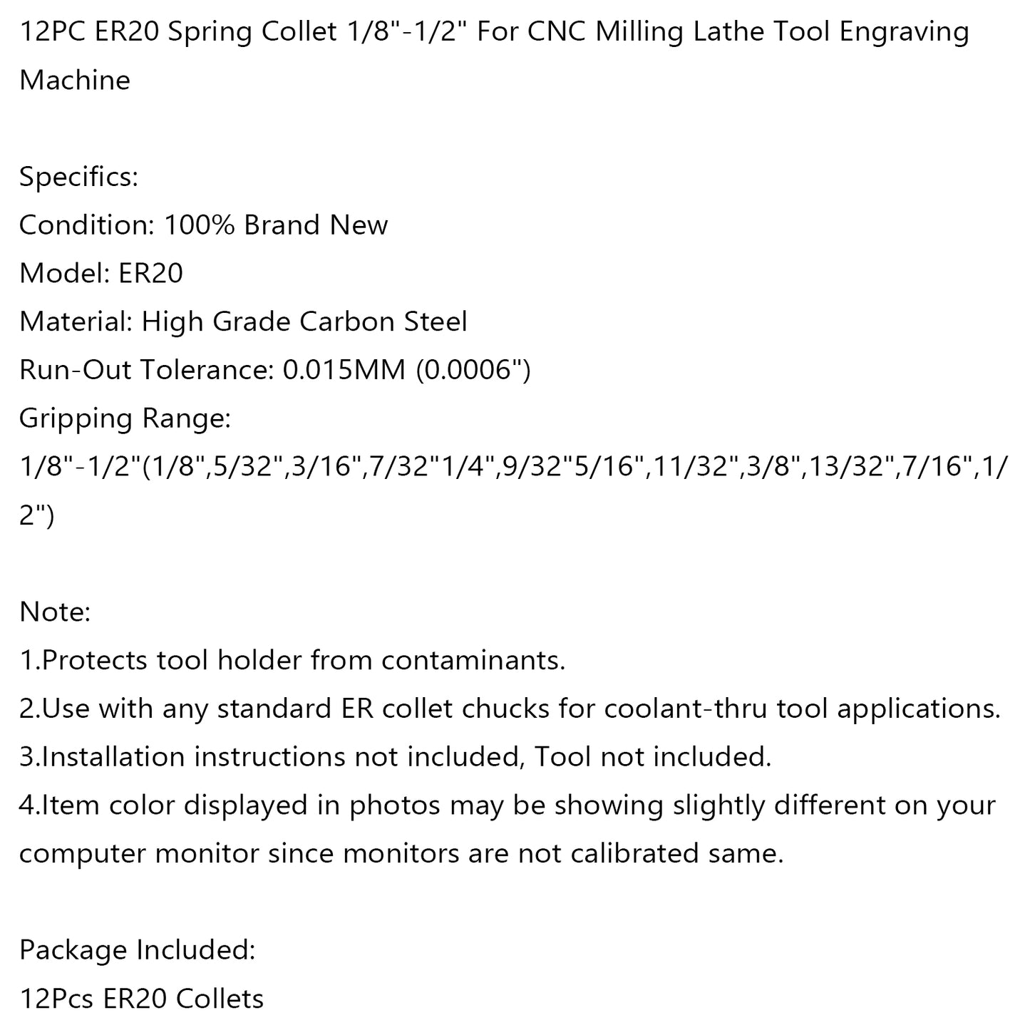 12Pcs ER20 Spring Collet Set For CNC Milling Lathe Tool Engraving Machine Steel