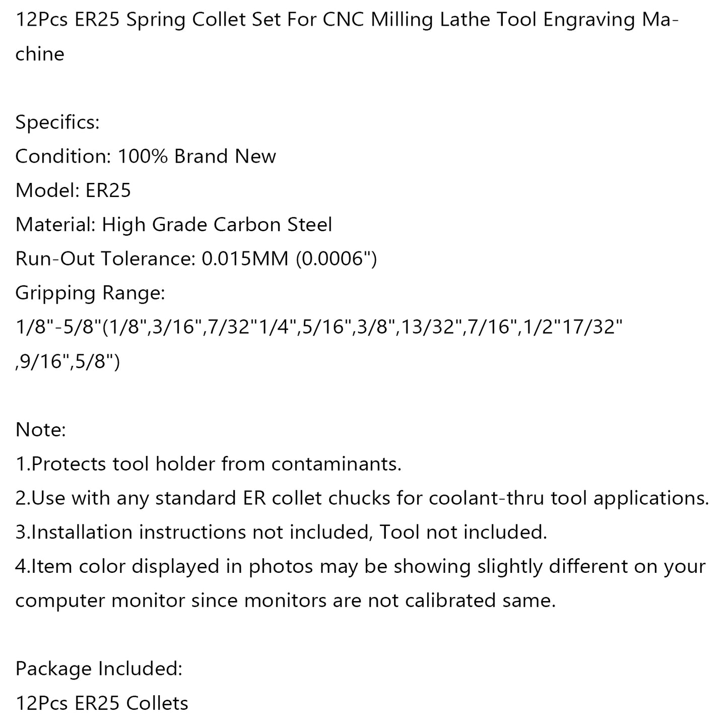 12Pcs ER25 Spring Collet Set For CNC Milling Lathe Tool Engraving Machine Steel