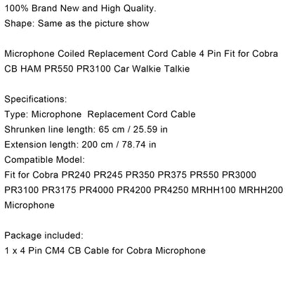 1 Pcs Radio Speaker Mic Microphone 4Pin Cable For Pr550 Pr3100 Car Walkie Talkie