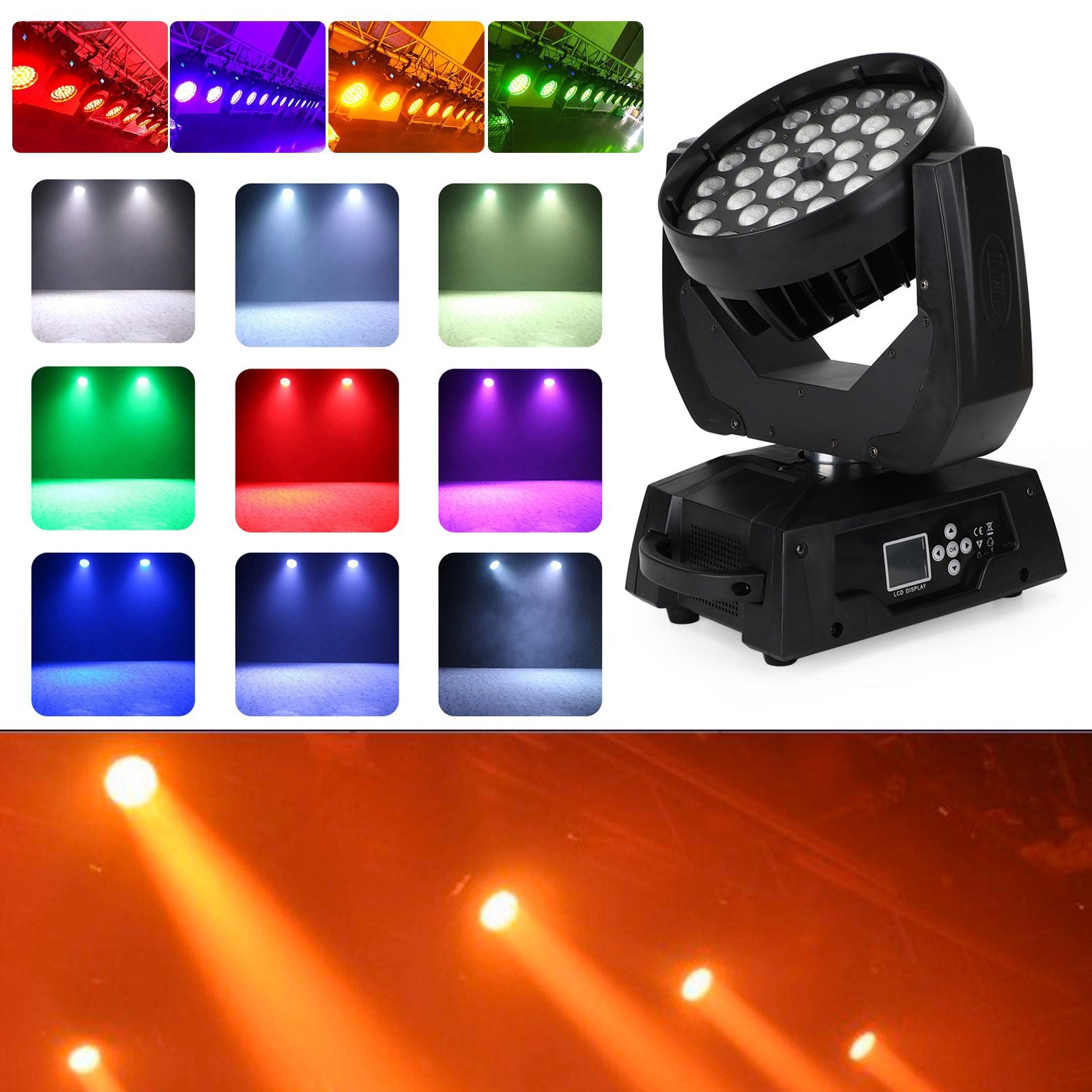 36x10W RGBW 4-in-1 LED Moving Head Wash Light with Zoom, DMX 15CH Control for Stage, DJ & Events
