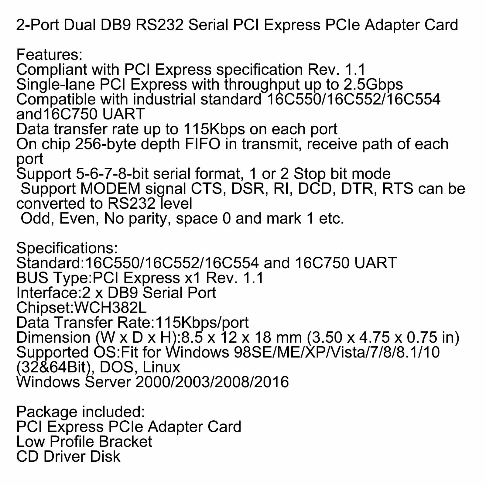 PCIE To RS232 2-Port Serial WCH382 Chip PCI-Express Extender Board Adapter Card