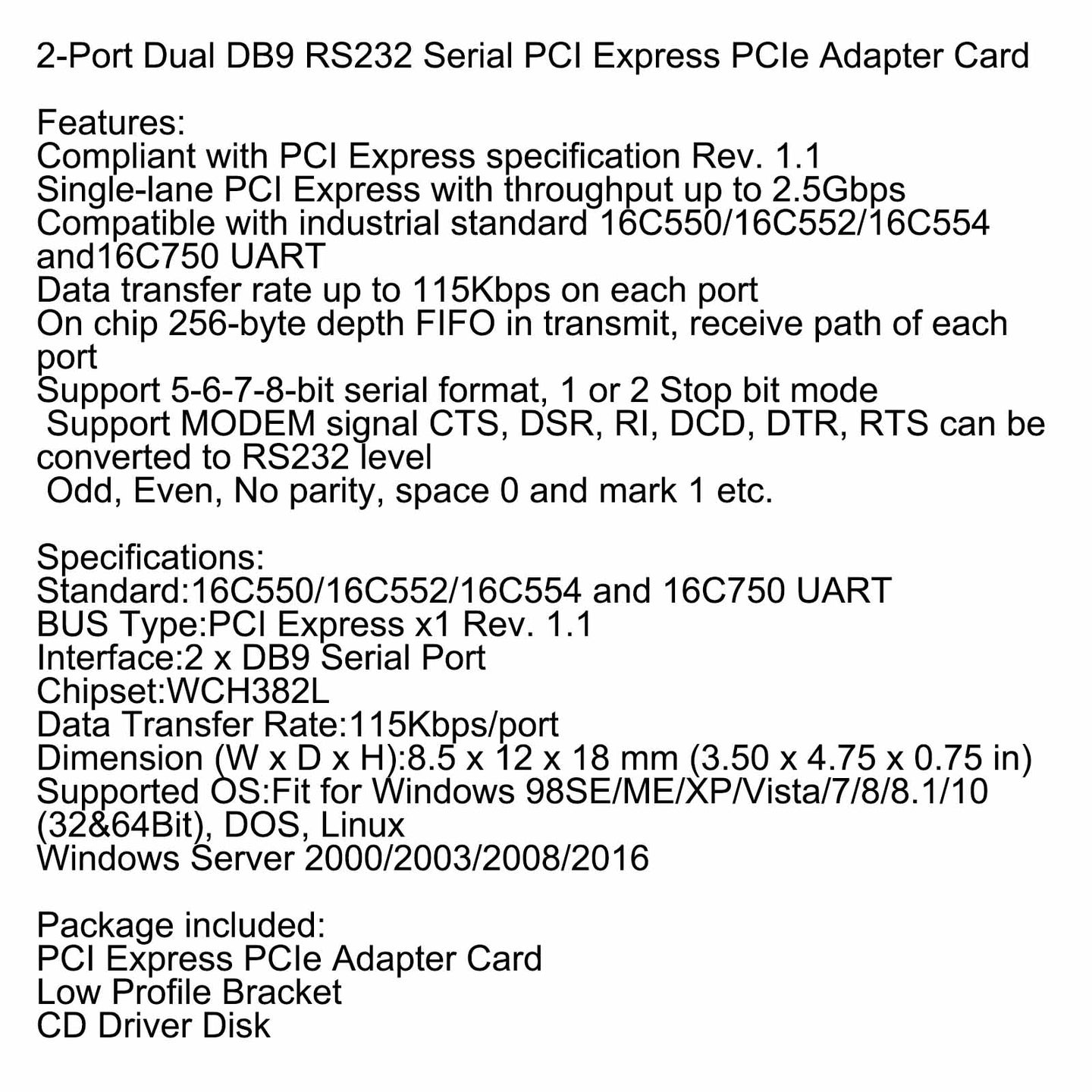 PCIE To RS232 2-Port Serial WCH382 Chip PCI-Express Extender Board Adapter Card