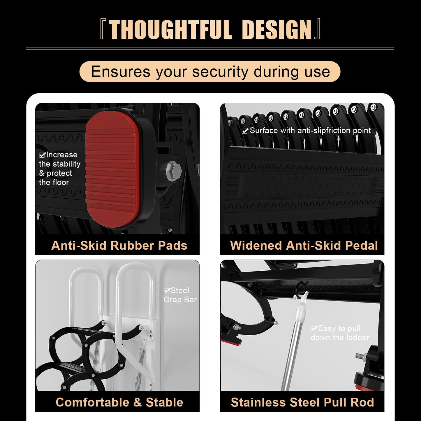 12-Step Folding Attic Ladder for 27.6" x 23.6" Wall Opening, 600 lbs Capacity Pull-Down Loft Stairs, up to 9.84ft Ceiling Height (Black)