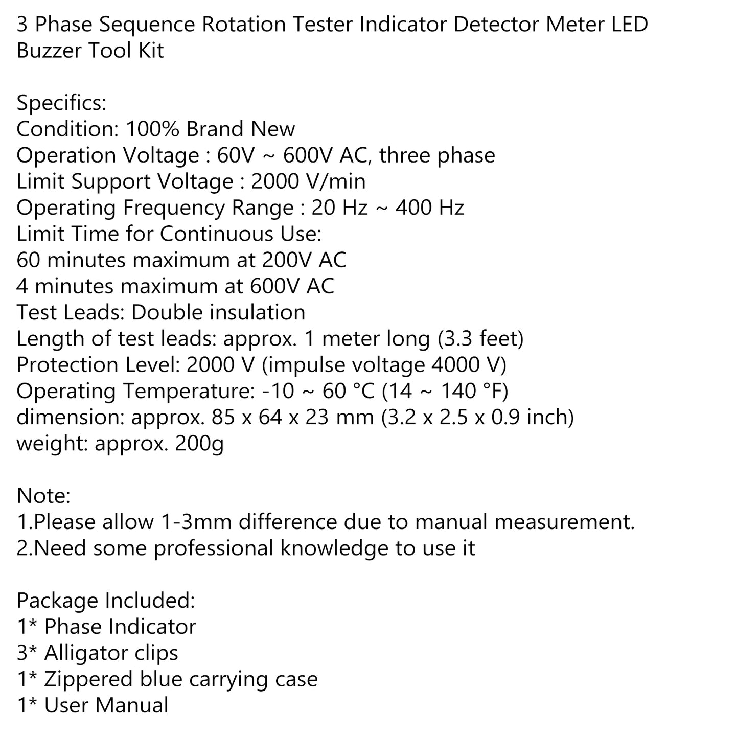 3 Phase Sequence Rotation Tester Indicator Detector Meter LED Buzzer Tool Kit UE