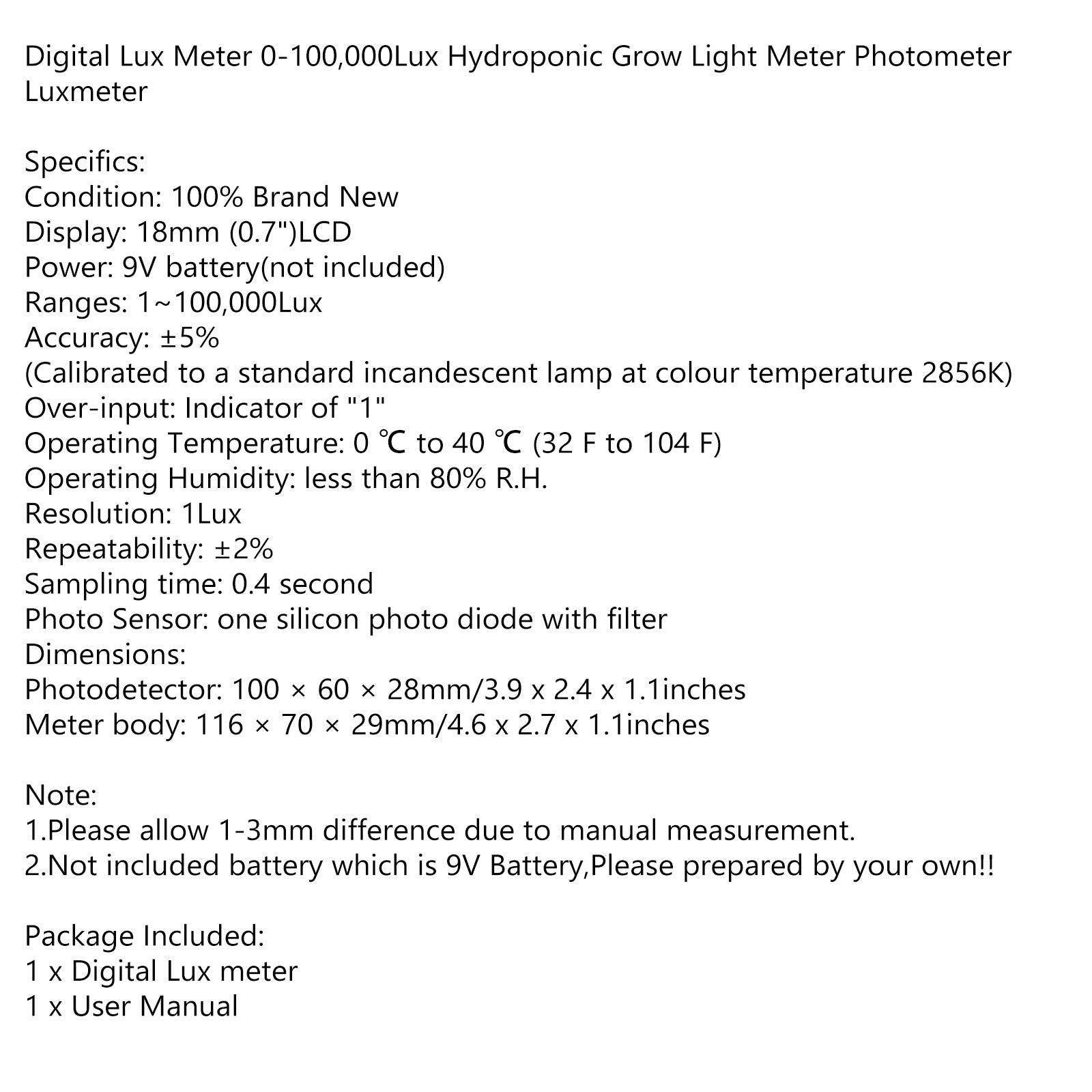 Digital Lulsfb2eter Lux Meter Light Level Sensor Tester Photometer 0-100000Lux