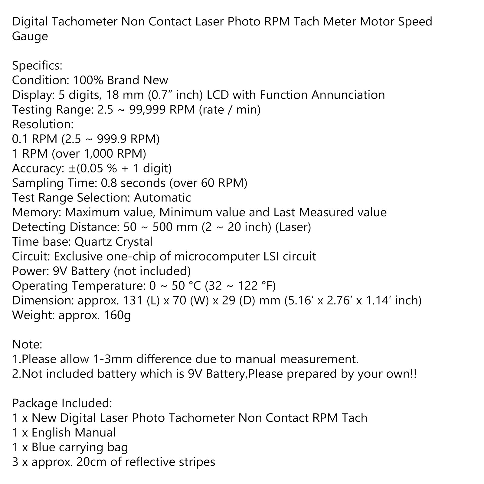 Digital Non Contact Tachometer Laser Photo RPM Tach Meter Motor Speed Gauge