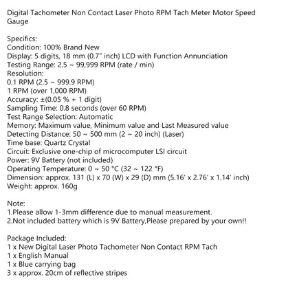 Digital Non Contact Tachometer Laser Photo RPM Tach Meter Motor Speed Gauge