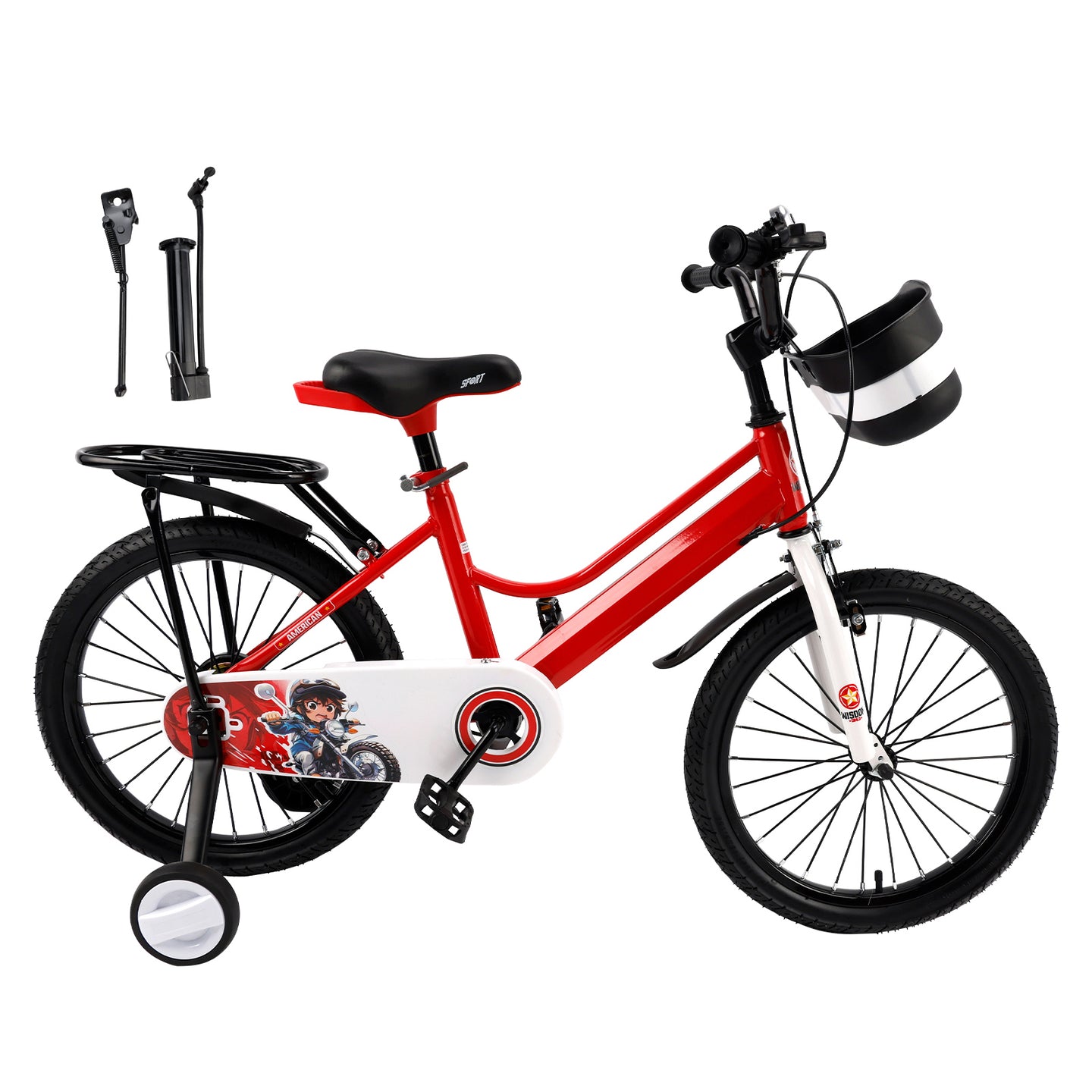 16" Kids Bike for Boys and Girls with auxiliary wheels & Rack Red