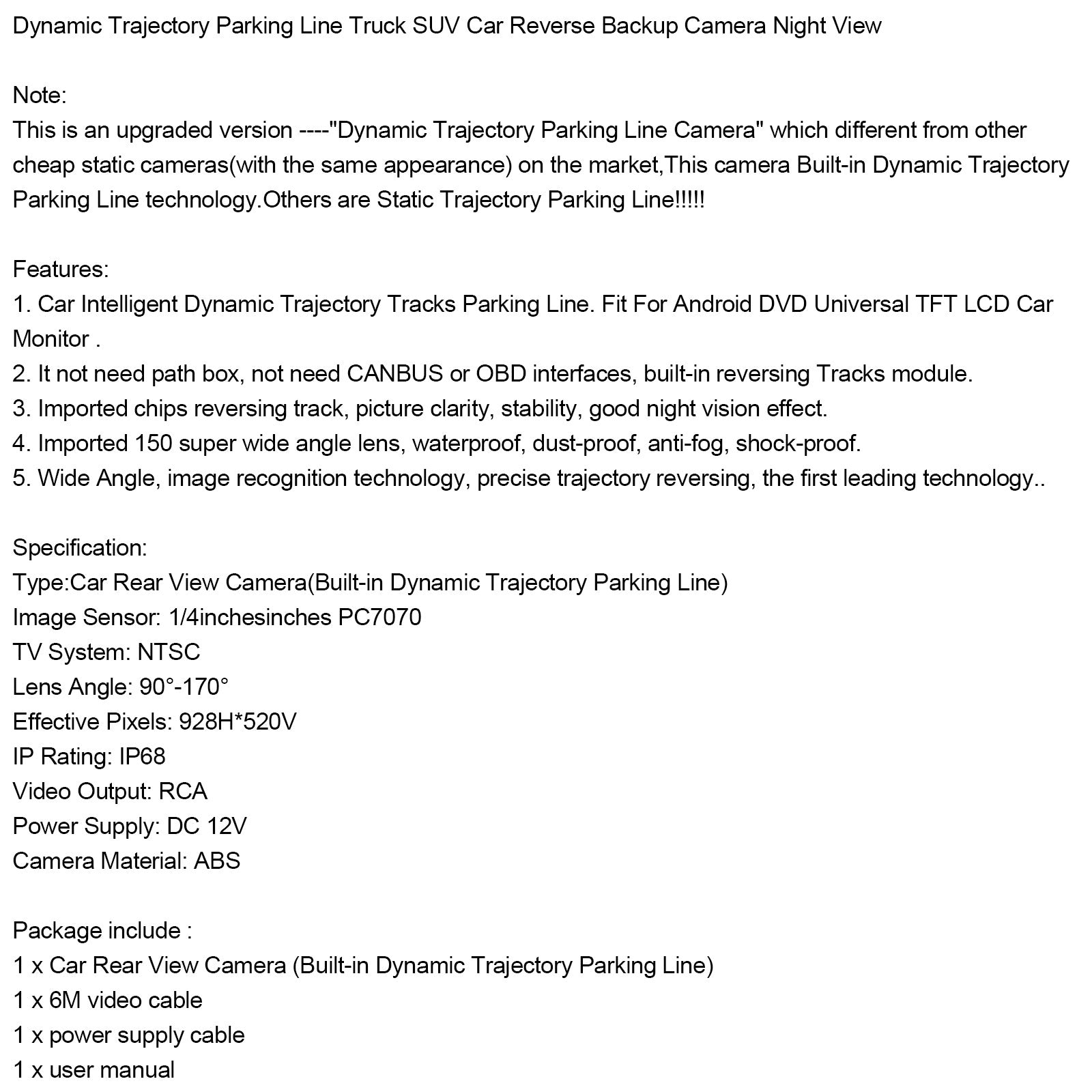 Dynamic Trajectory Parking Line Truck SUV Car Reverse Backup Camera Night Vision