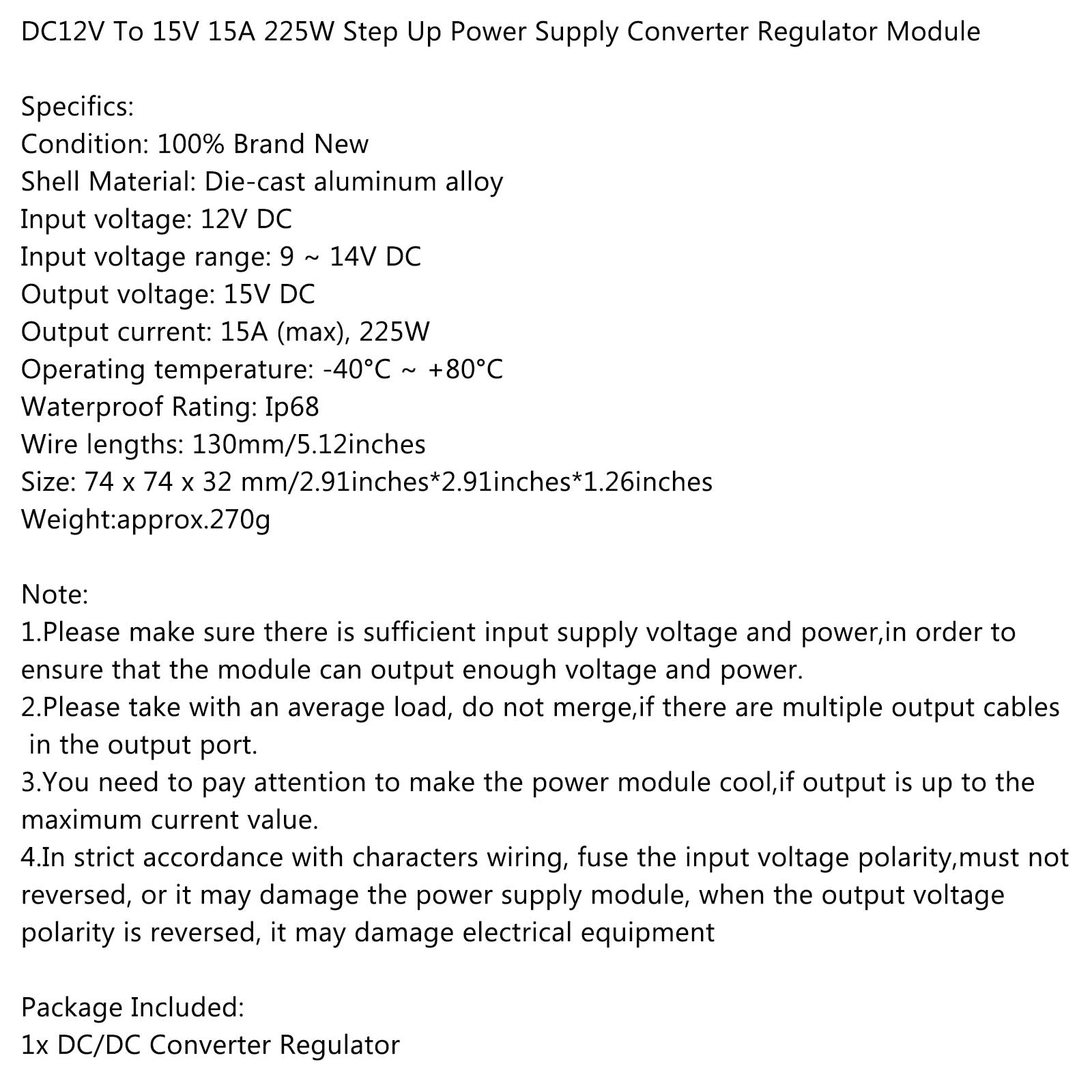 Waterproof DC/DC Converter Regulator 12V Step Up to 15V 15A 225W