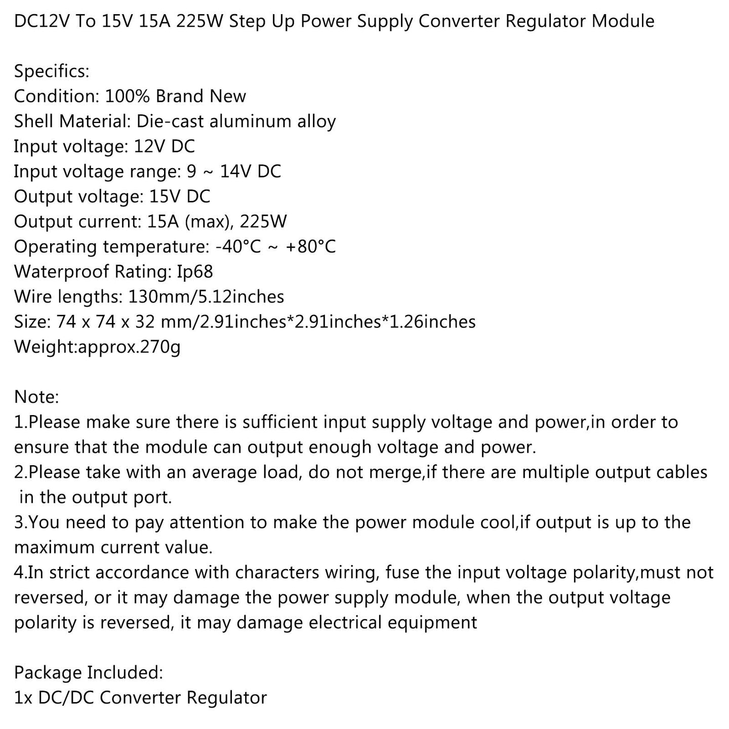 Waterproof DC/DC Converter Regulator 12V Step Up to 15V 15A 225W