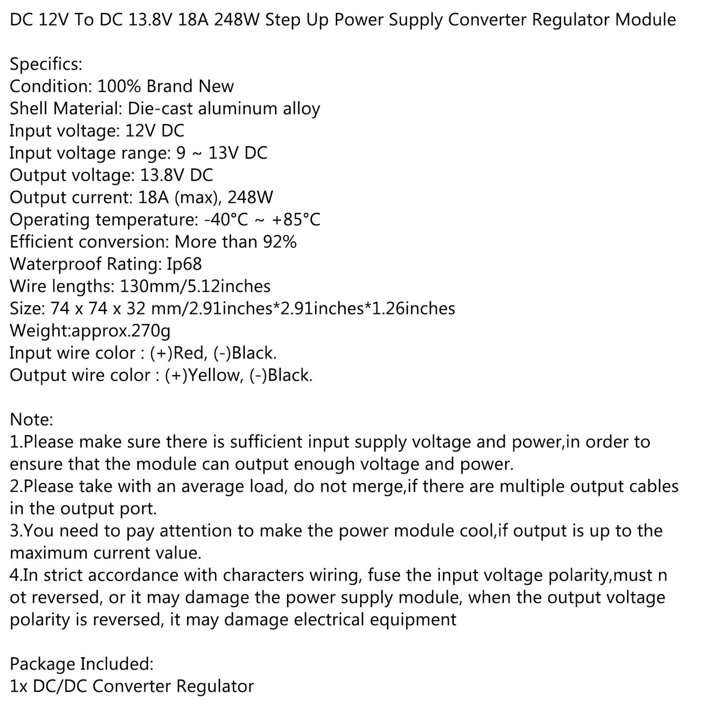 Waterproof DC 12V to 13.8V 18A 248W Step-Up Power Supply Converter Regulator