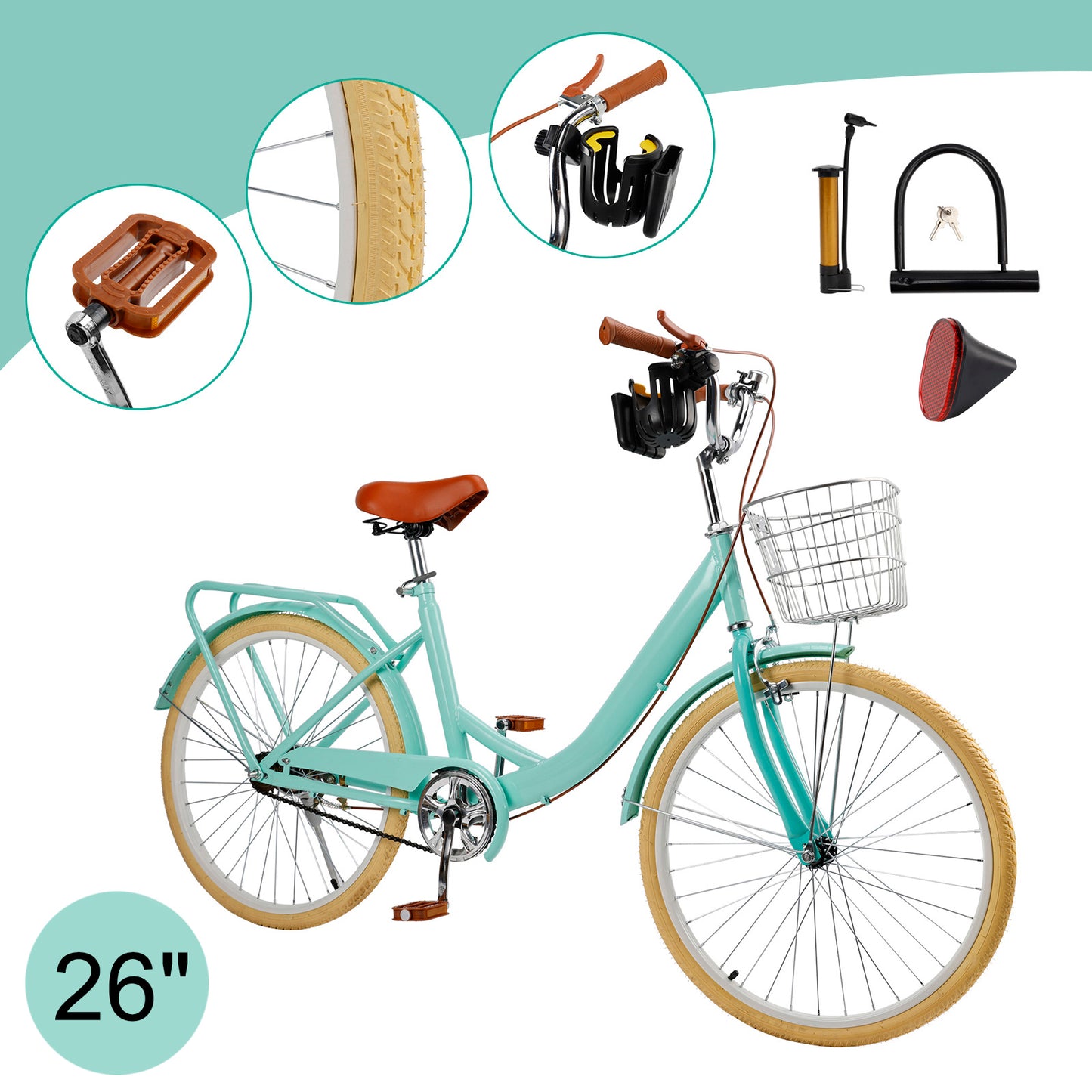 24/26 inch Women City Bicycle Beach Cruiser Bike with Basket & Rack