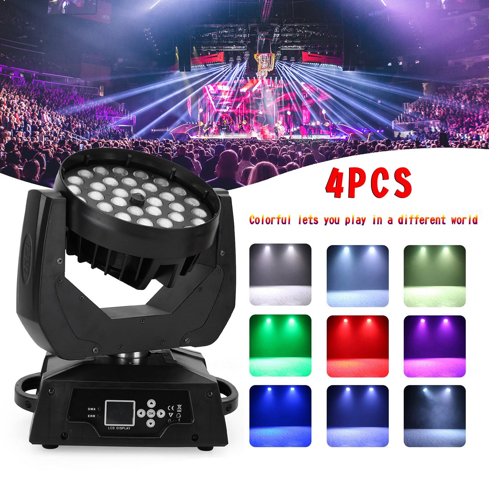 4Pcs 36 x 10W RGBW 4in1 LED Zoom Moving Head 360W Wash Stage Light DMX 15CH