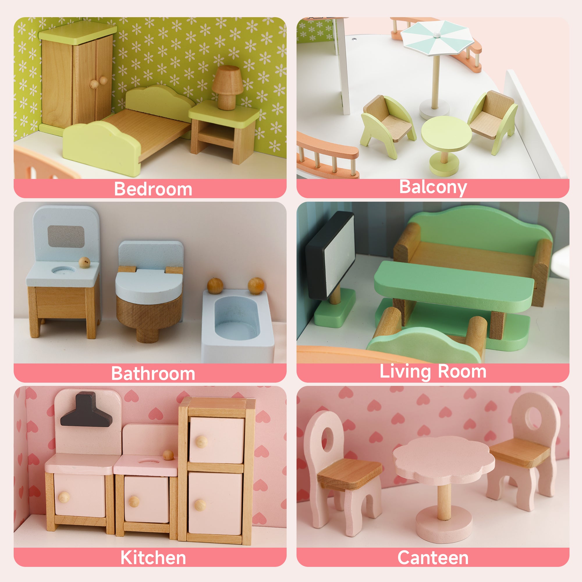 3 Story Wooden Doll House With Balcony 23 Accessories Toy Gift For 3 +Years Kids