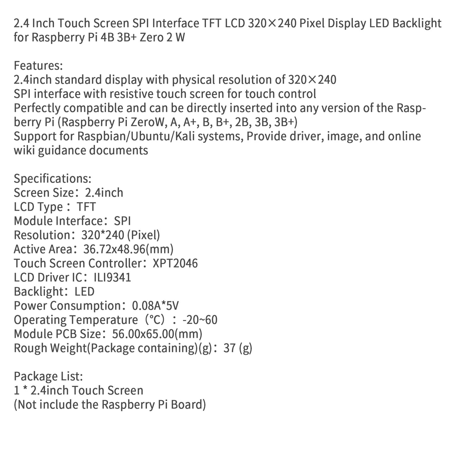 2.4 Inch 320*240 Pixel LED Display Fit for Raspberry Pi 4B 3B+ Zero 2 W
