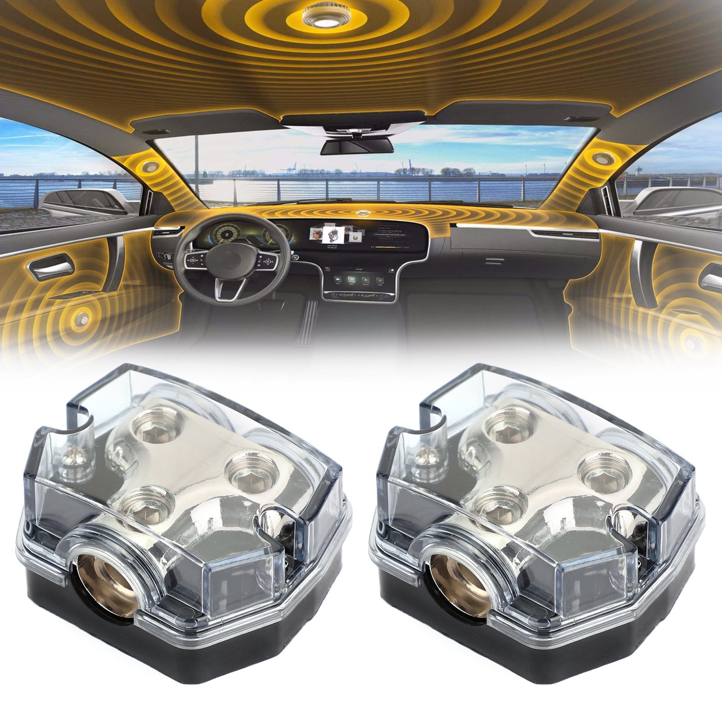 Heat resistant Splitter Clear Cover Nickel Plated 2pcs Distribution Block 1x0 In 2x0 GA Out Splitter Fusebox plastic housing for Car Audio Marine