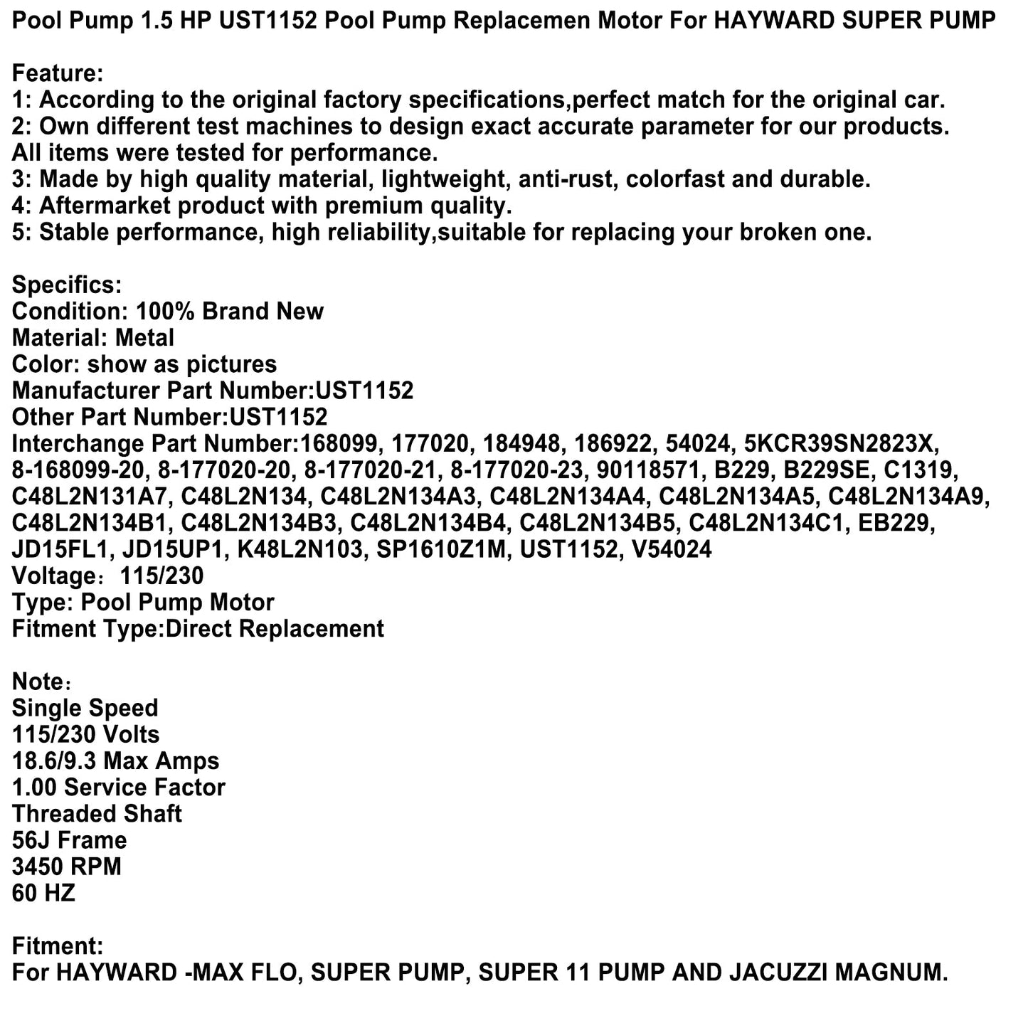 115/230V UST1152 Pool Motor For Hayward Super Pump motor replacement