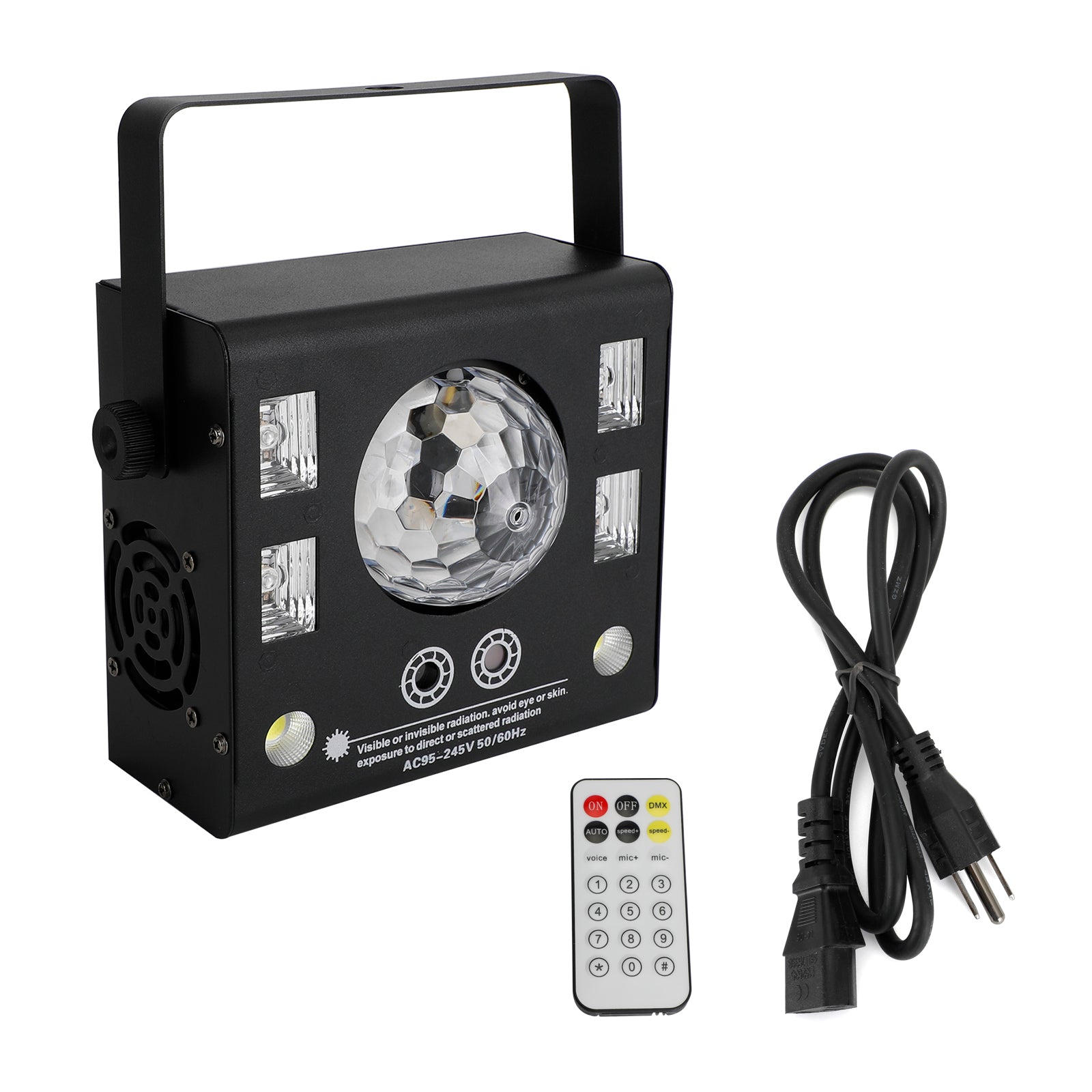 4-in-1 DJ Party Light with Strobe, UV Blacklight, Magic Ball & Laser, DMX & Sound Activated with Remote