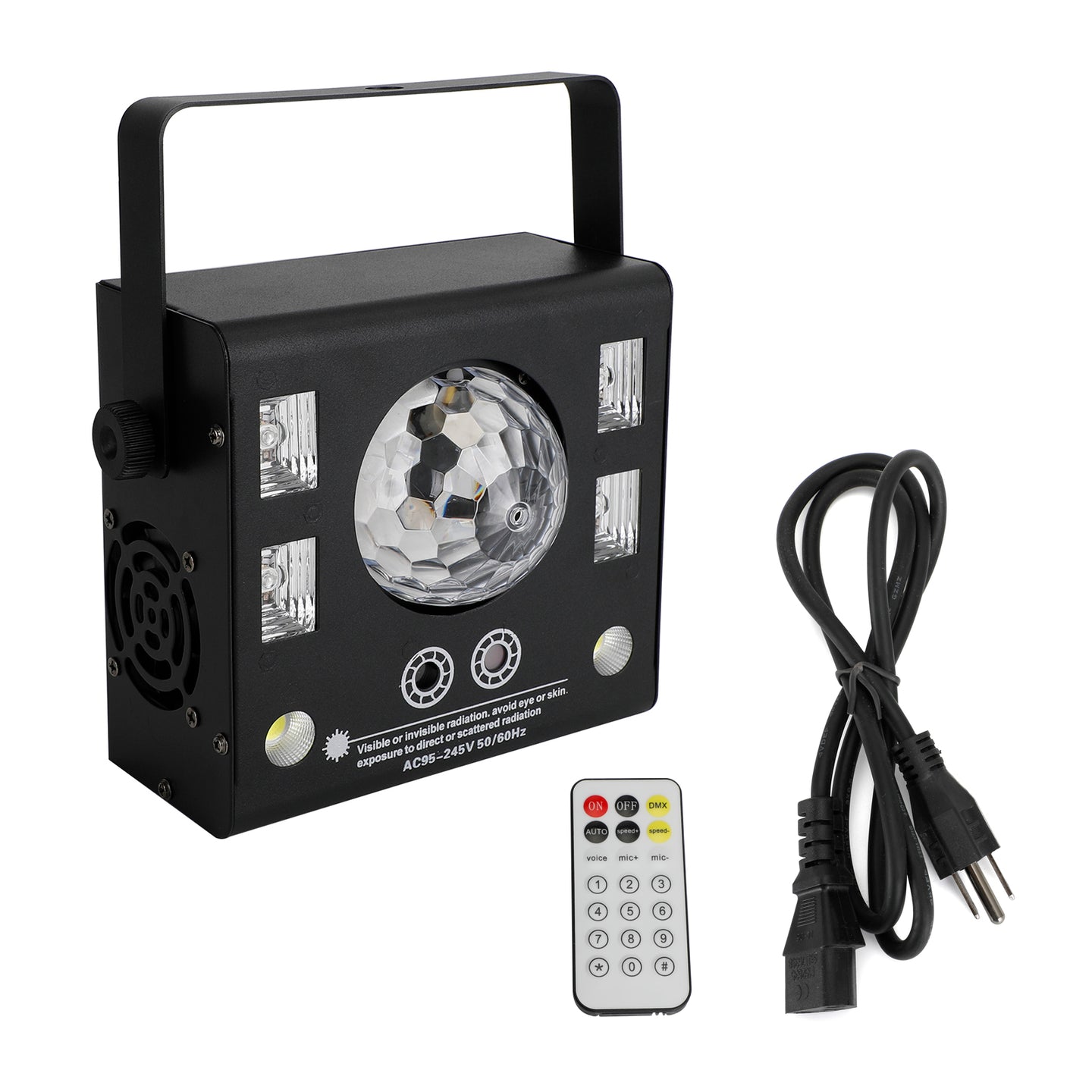 4-in-1 DJ Party Light with Strobe, UV Blacklight, Magic Ball & Laser, DMX & Sound Activated with Remote