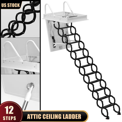12-Step Folding Attic Ladder for 39.4" x 27.6" Opening, 660 lbs Capacity Wall-Mounted Pull-Down Loft Stairs, up to 9.84ft Floor Height (Black)
