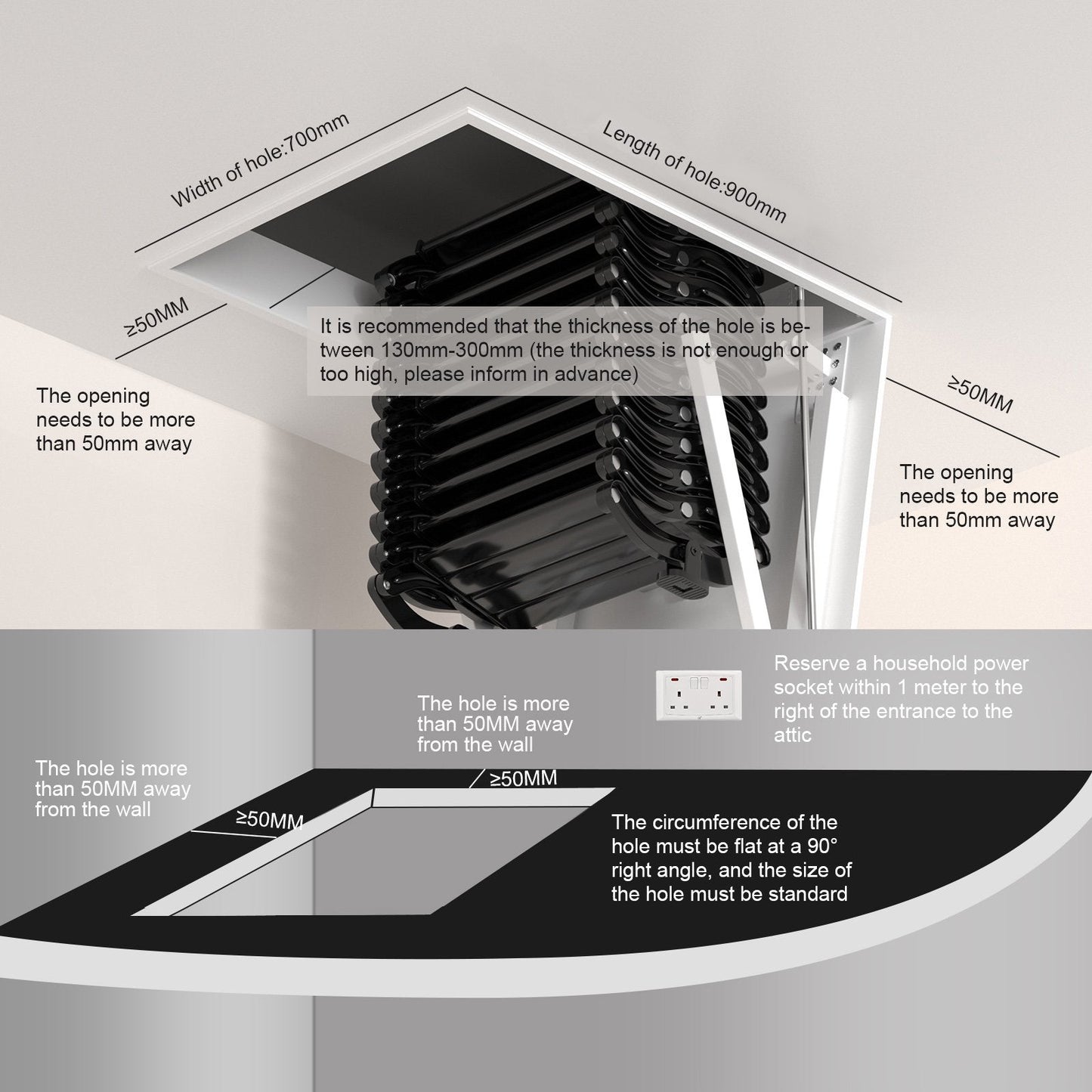Electric Folding Attic Ladder, 13-Step for up to 11.8ft Ceilings, Fits 35" x 27.5" Opening, 500 lbs Capacity (Black)