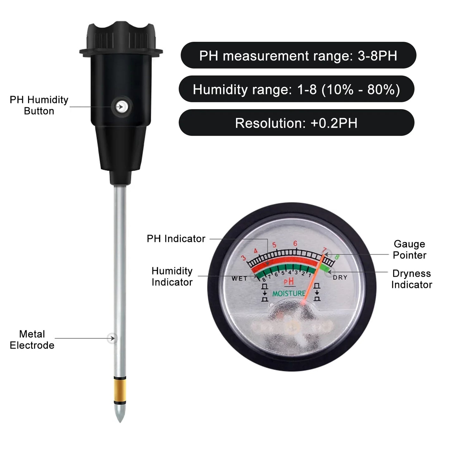 2-in-1 Soil Tester, No Batteries Required pH & Moisture Meter with 11.6" Long Probe for Garden, Lawn & Indoor Plants