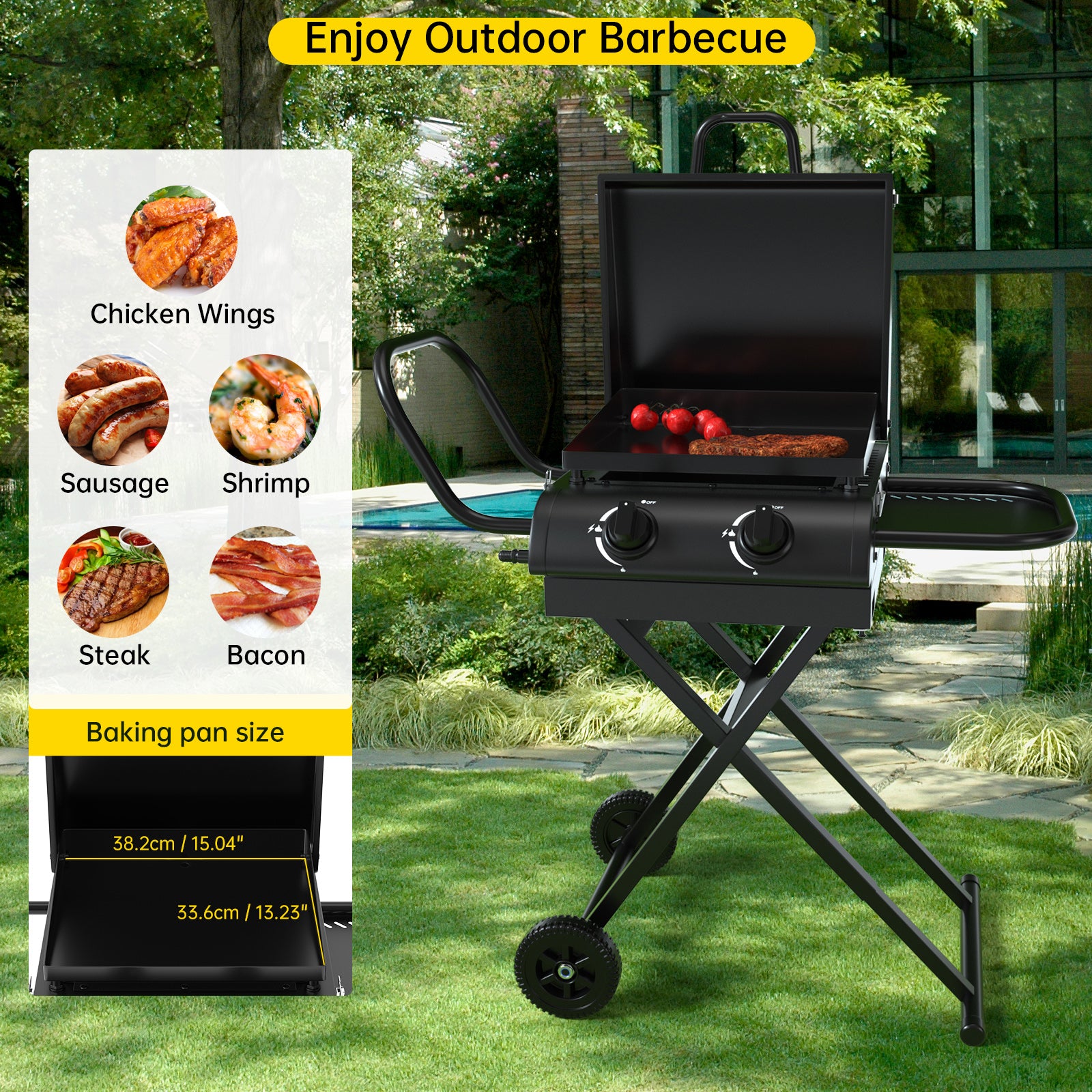 16,000 BTU 2-Burner Portable Propane Gas Griddle with Folding Scissor Legs, Hood & Side Shelf for Outdoor Cooking