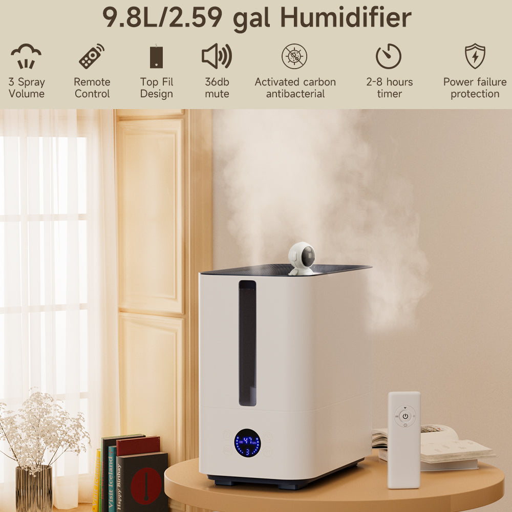 Top-Fill Smart Humidifier - 9.8L Large Capacity, Ultra-Quiet 34dB & Auto Shut-Off