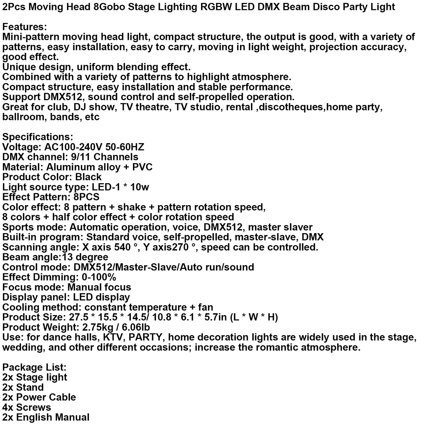 1/2/4 Pcs Moving Head 8Gobo Stage Lighting RGBW LED DJ DMX Beam Bar Party Light