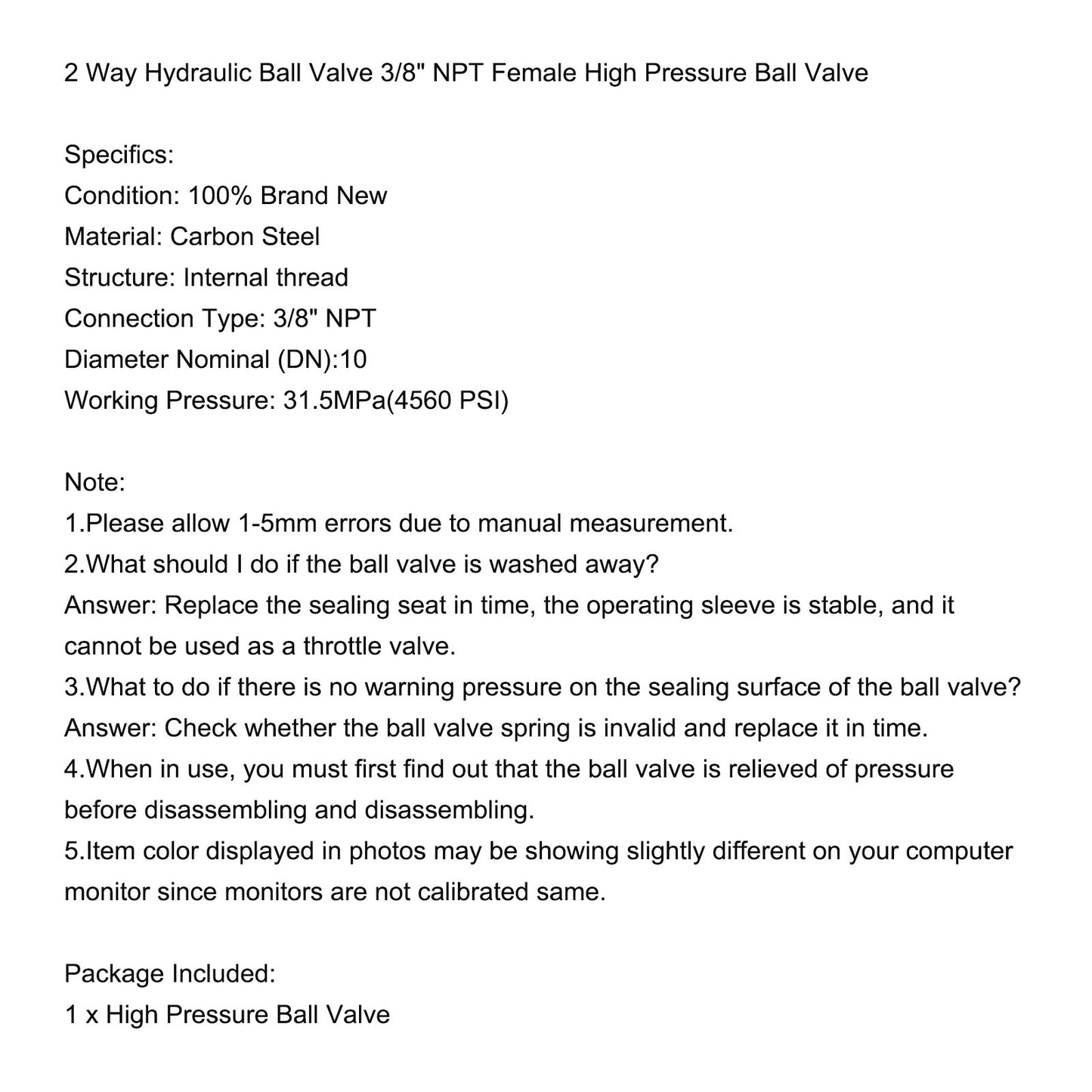 2 Way Hydraulic Ball Valve 1/4" NPT Female High Pressure Ball Valve, 3/8 DN10"