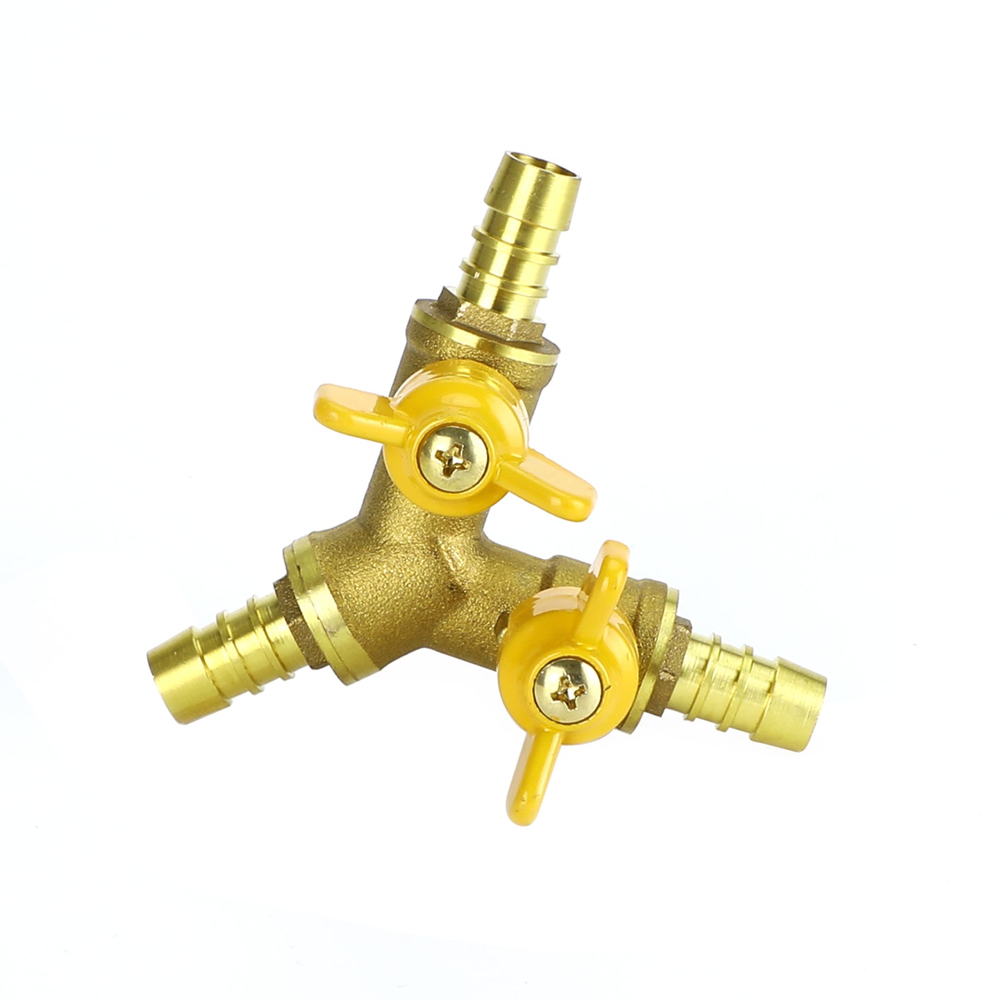 3/8" (11mm) Heavy-Duty Brass Hose Splitter, Y-Shaped 3-Way Connector with 2 Shut-Off Ball Valves