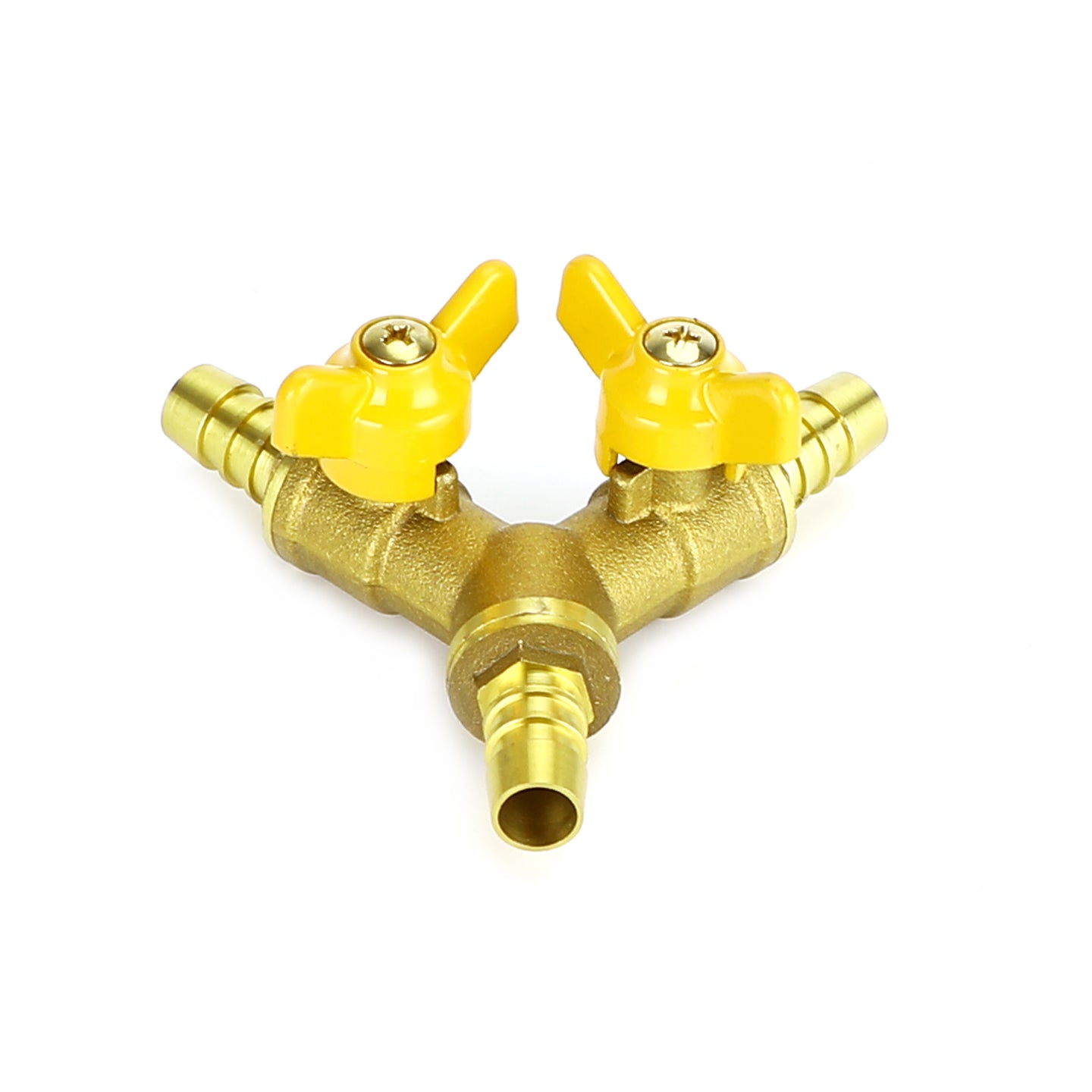 3/8" (11mm) Heavy-Duty Brass Hose Splitter, Y-Shaped 3-Way Connector with 2 Shut-Off Ball Valves