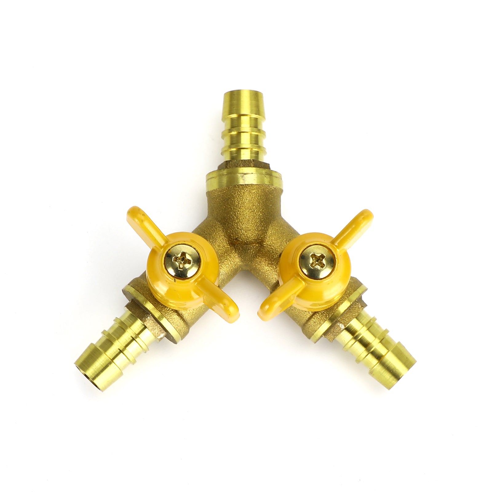 3/8" (11mm) Heavy-Duty Brass Hose Splitter, Y-Shaped 3-Way Connector with 2 Shut-Off Ball Valves