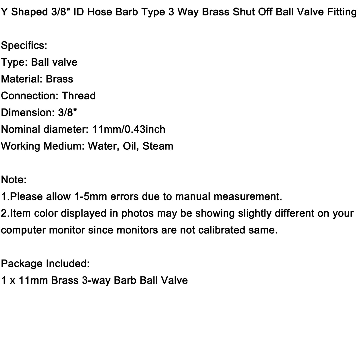 3/8" (11mm) Heavy-Duty Brass Hose Splitter, Y-Shaped 3-Way Connector with 2 Shut-Off Ball Valves