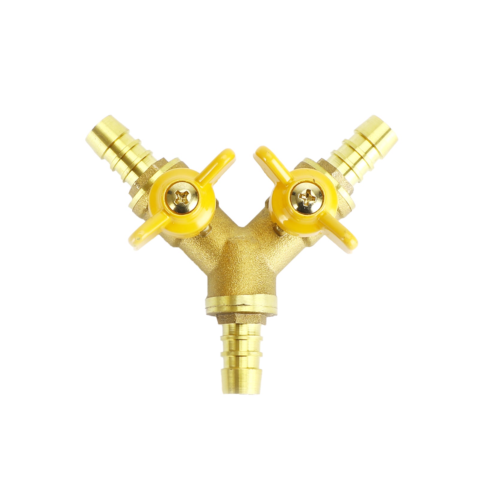 3/8" (11mm) Heavy-Duty Brass Hose Splitter, Y-Shaped 3-Way Connector with 2 Shut-Off Ball Valves