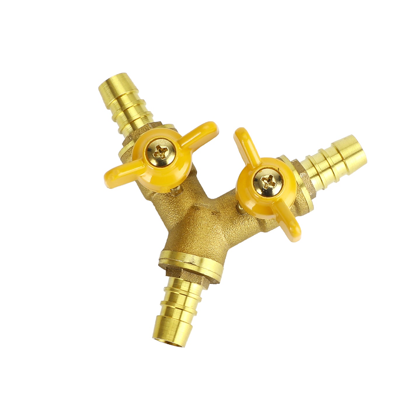 3/8" (11mm) Heavy-Duty Brass Hose Splitter, Y-Shaped 3-Way Connector with 2 Shut-Off Ball Valves