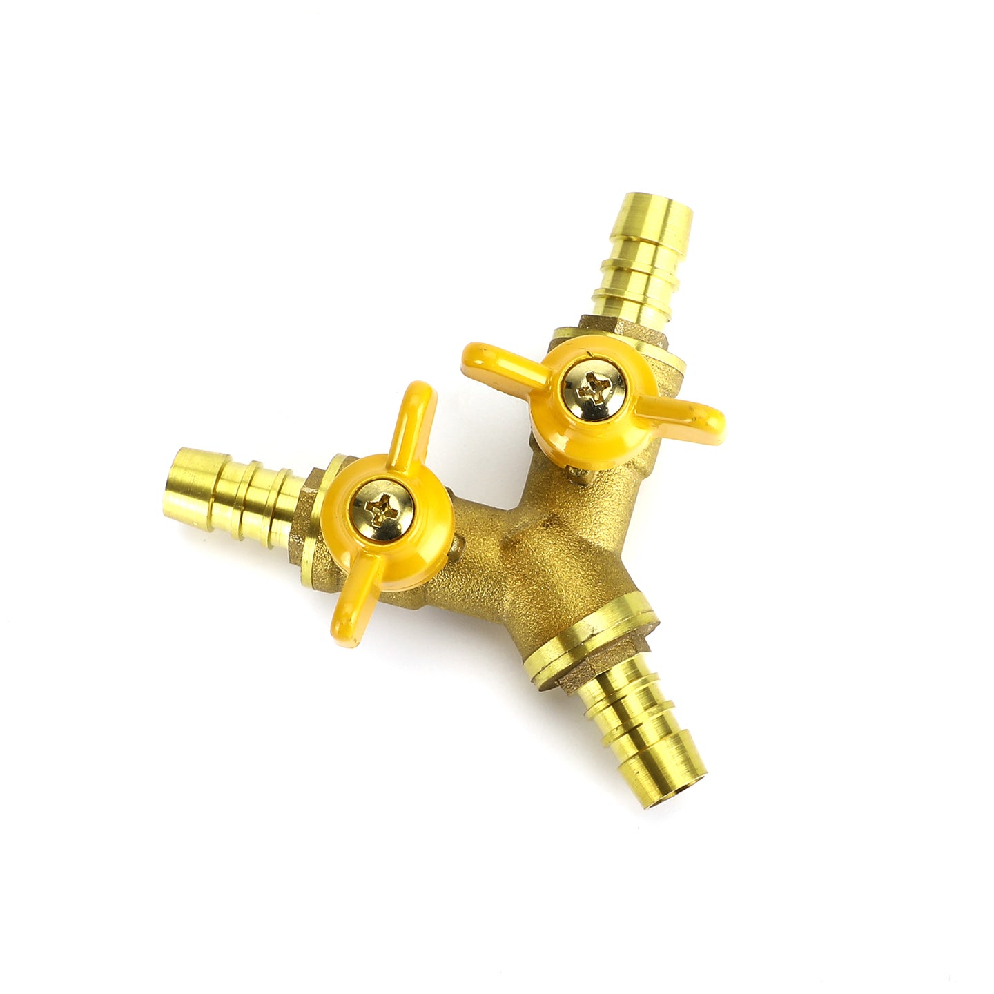 3/8" (11mm) Heavy-Duty Brass Hose Splitter, Y-Shaped 3-Way Connector with 2 Shut-Off Ball Valves