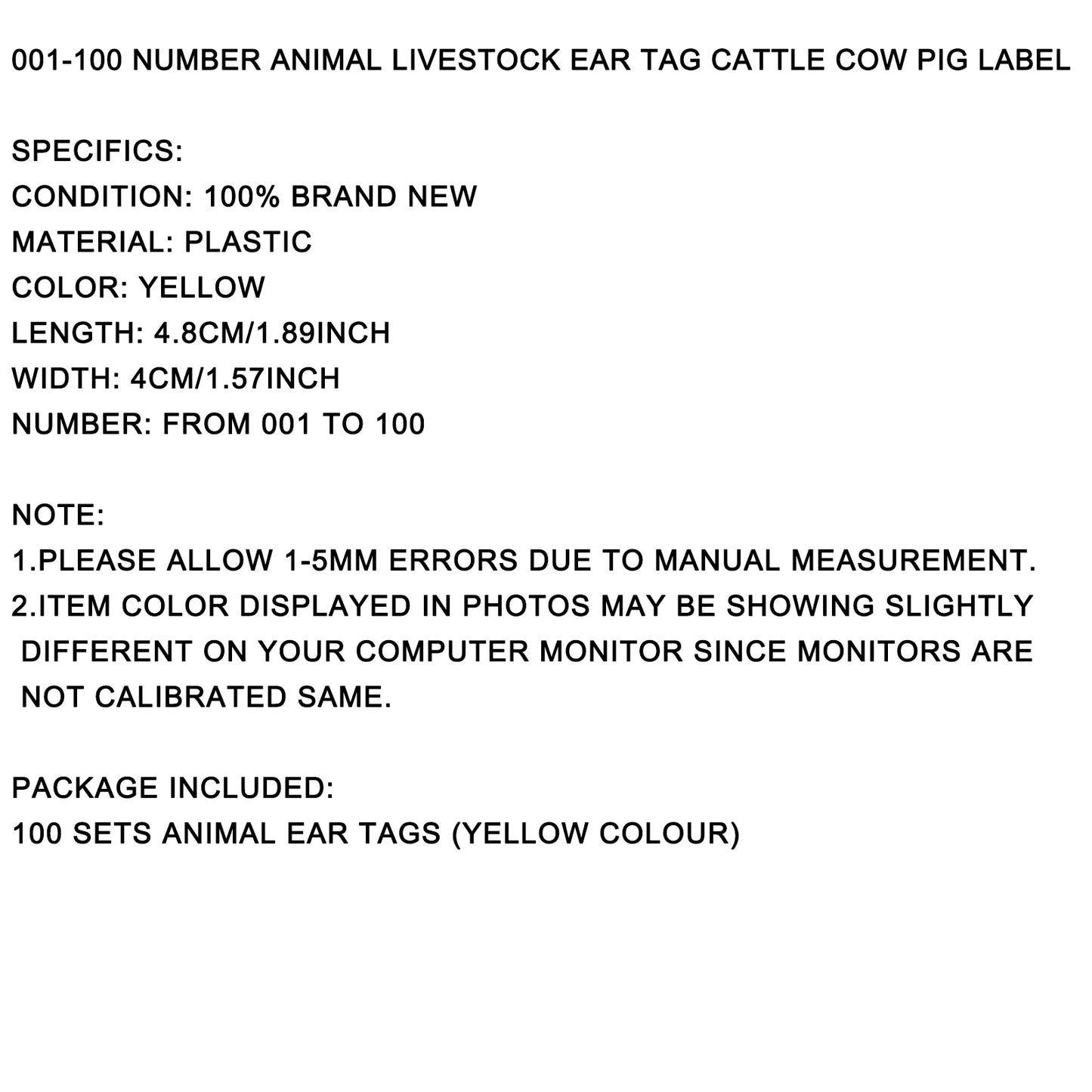 001-100 Number Plastic Livestock Ear Tag Animal Tag For Goat Sheep Pig Yellow