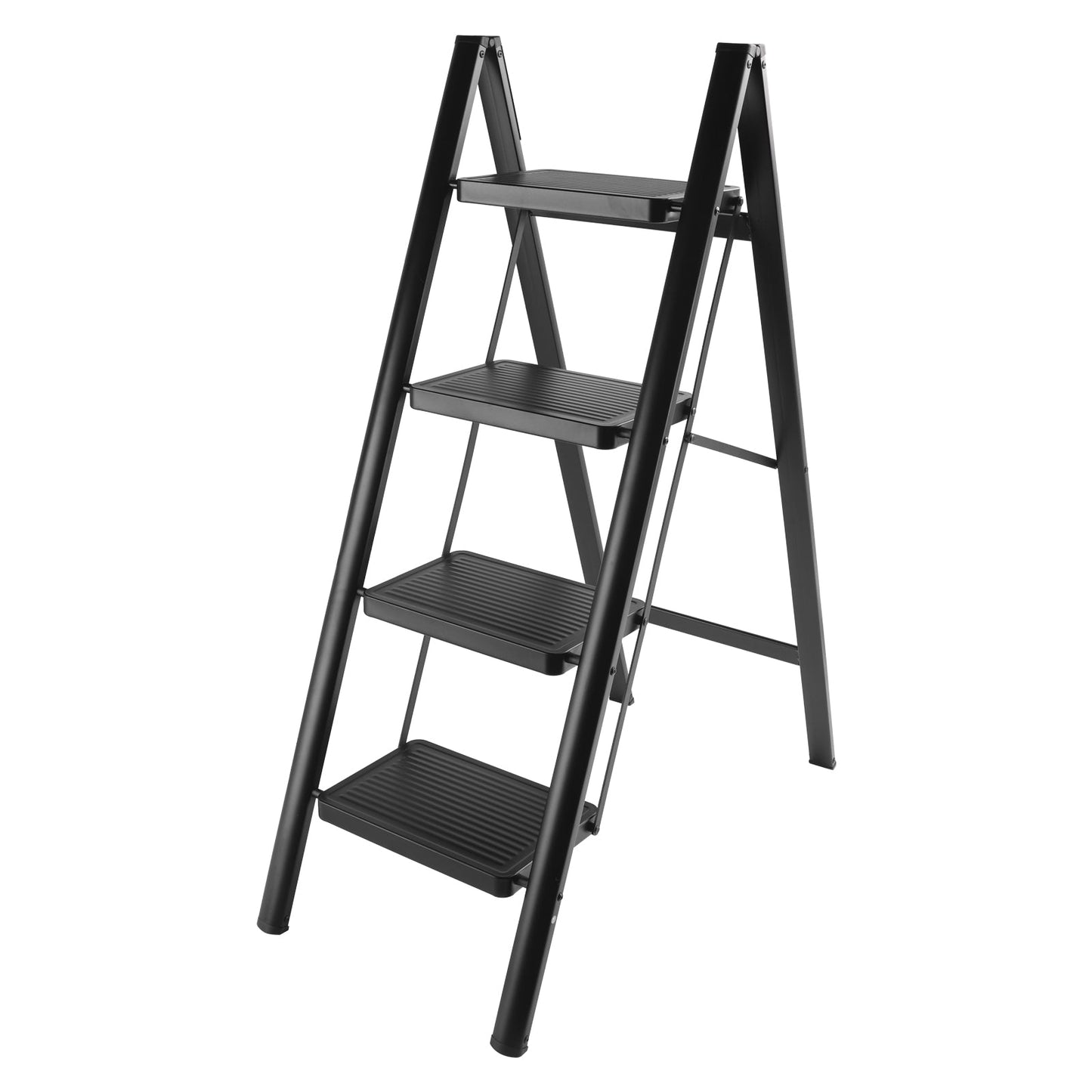 4-Step Ultra-Slim Folding Ladder, 2" Thick Carbon Steel Step Stool with Wide Anti-Slip Pedals, 330 lbs Capacity (Black)