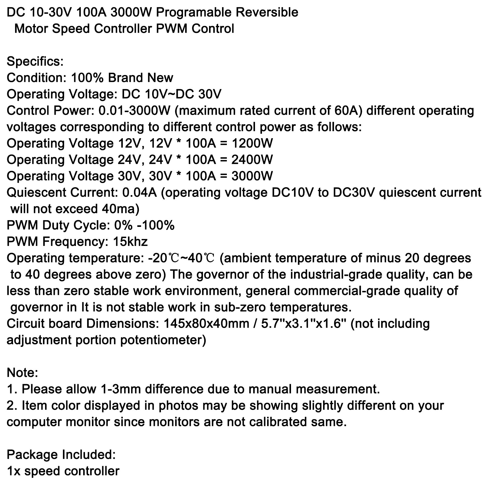 DC10-30V 100A 3000W Programable Reversible Motor Speed Controller PWM Control