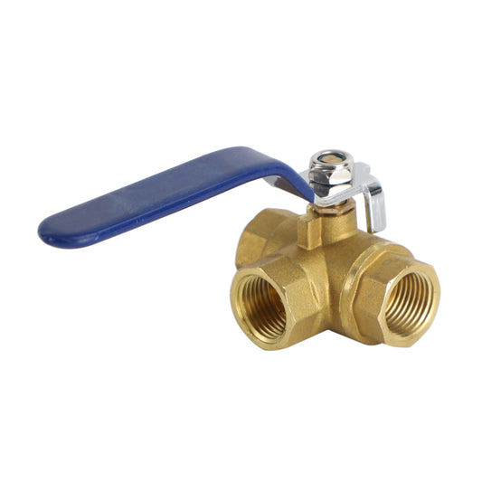 1/2" (DN15) 3-Way T-Port Brass Ball Valve, G1/2 Female NPT Thread, PN 1.6 for Water, Oil, Gas