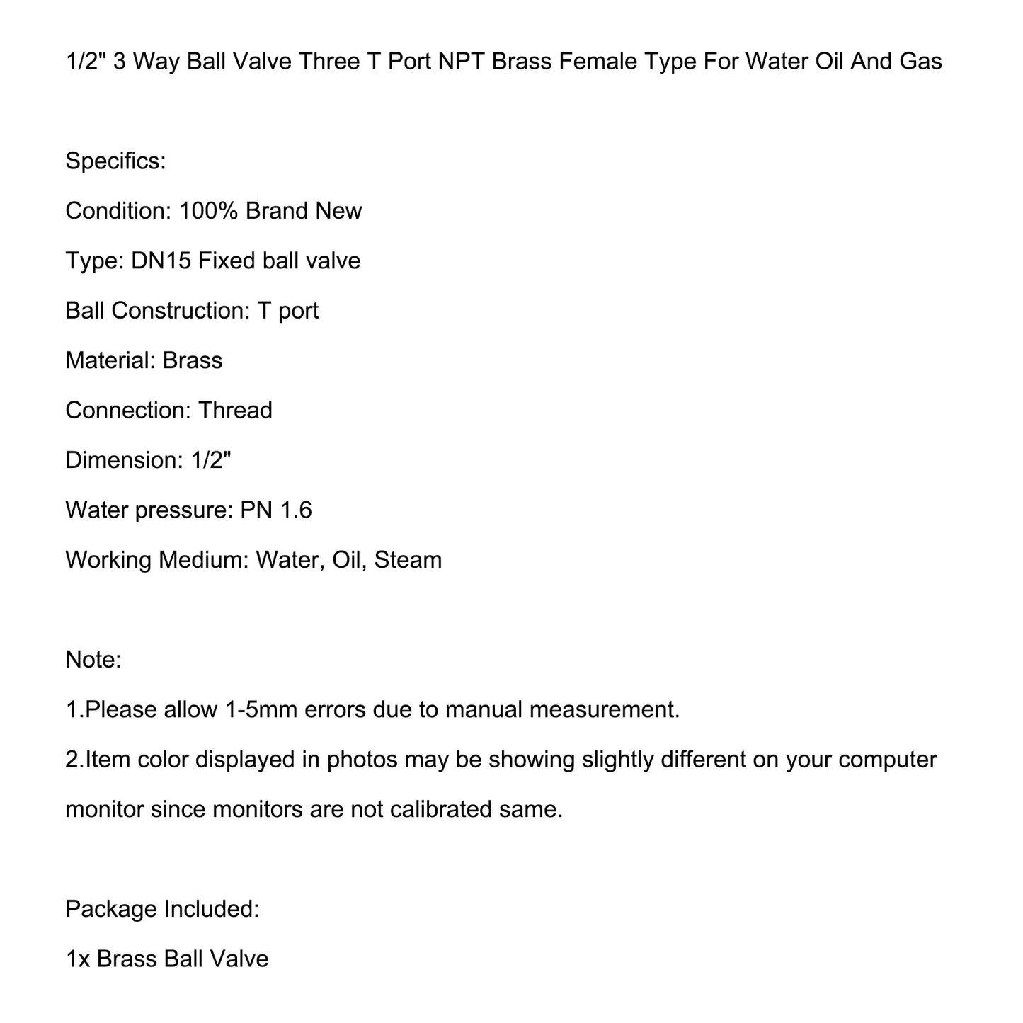 G1/2" 3 Way Ball Valve Three T Port Brass Female Type For Water Oil And Gas