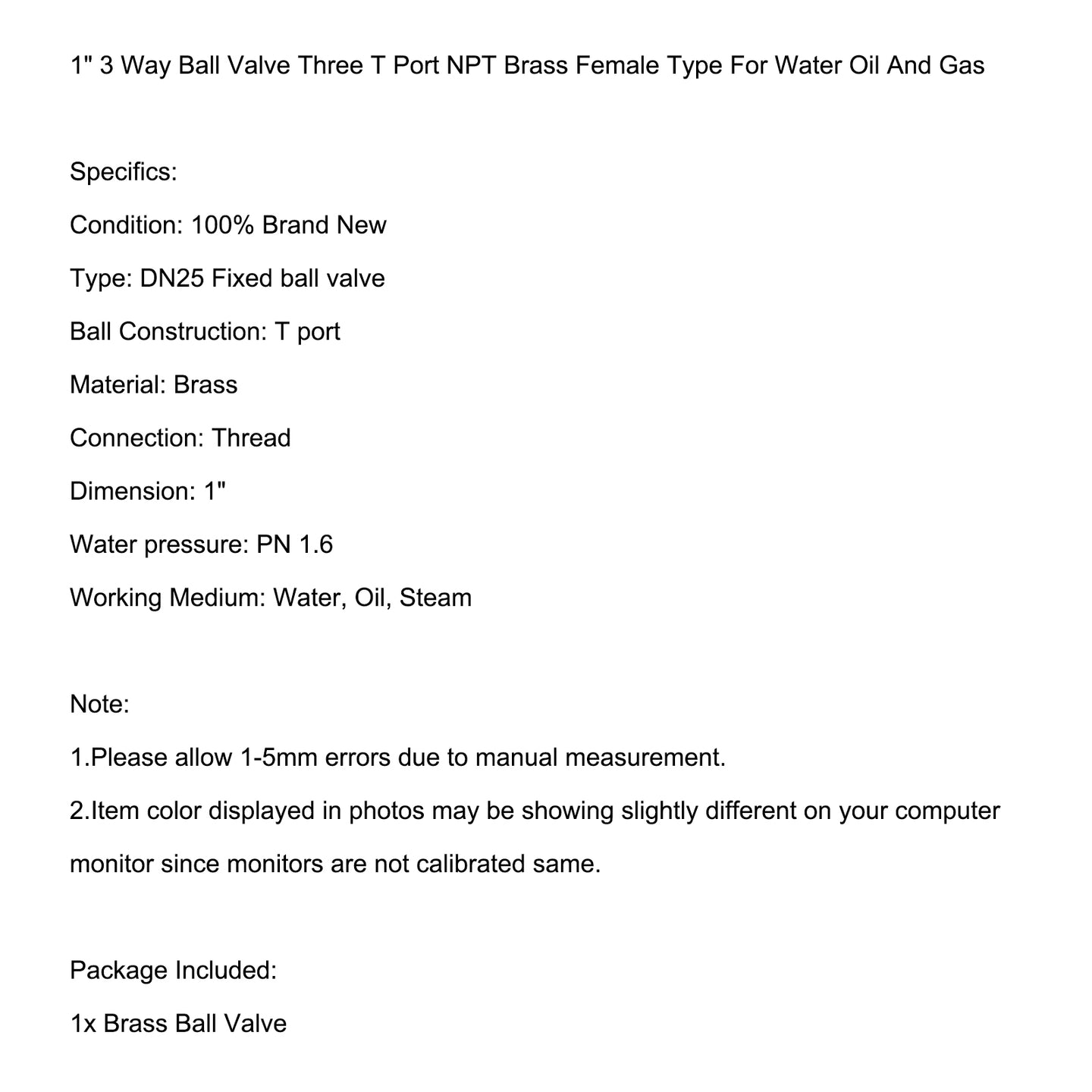 3 Way Ball Valve Three T Port Brass Female Type For Water Oil And Gas, 1 DN25"