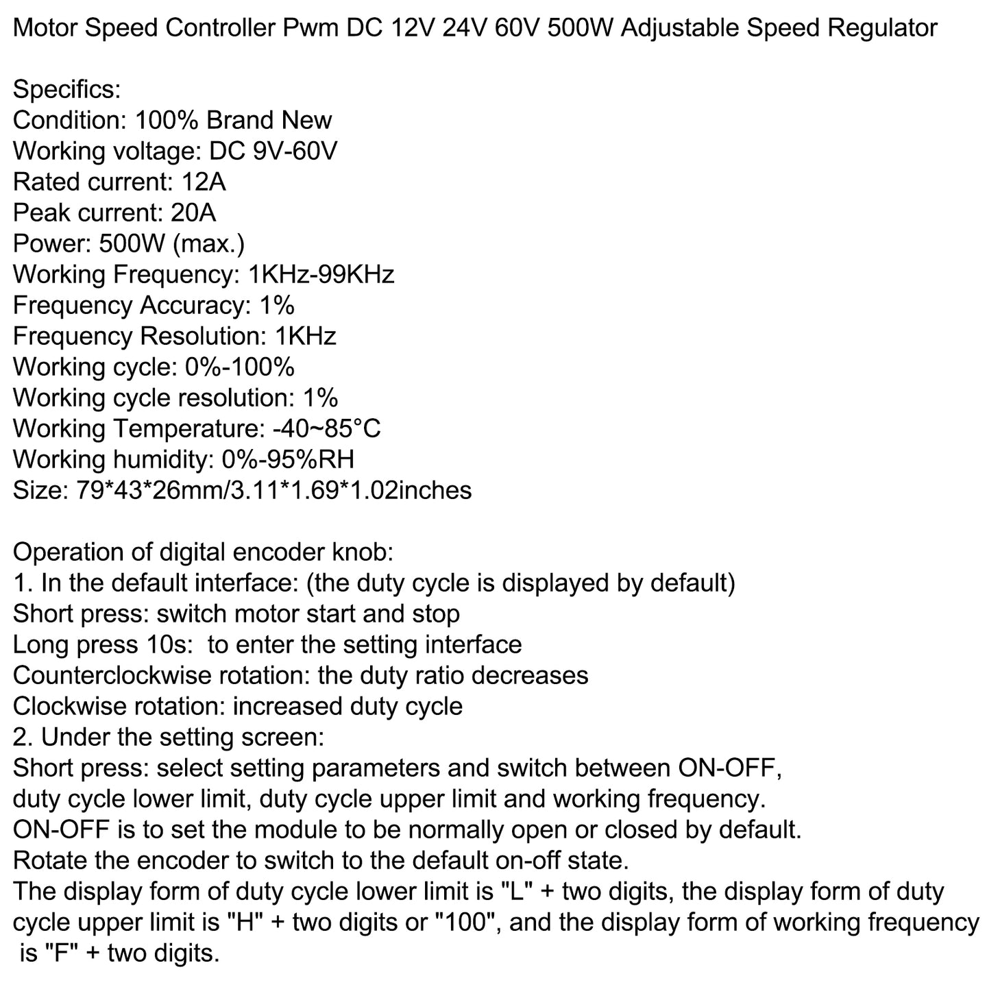 Motor Speed Controller Pwm DC 12V 24V 60V 500W Adjustable Speed Regulator