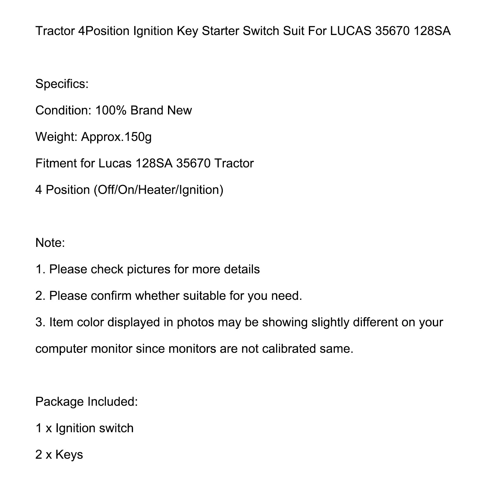 Tractor 4Position Ignition Key Starter Switch Suit Fit For Lucas 35670 128SA