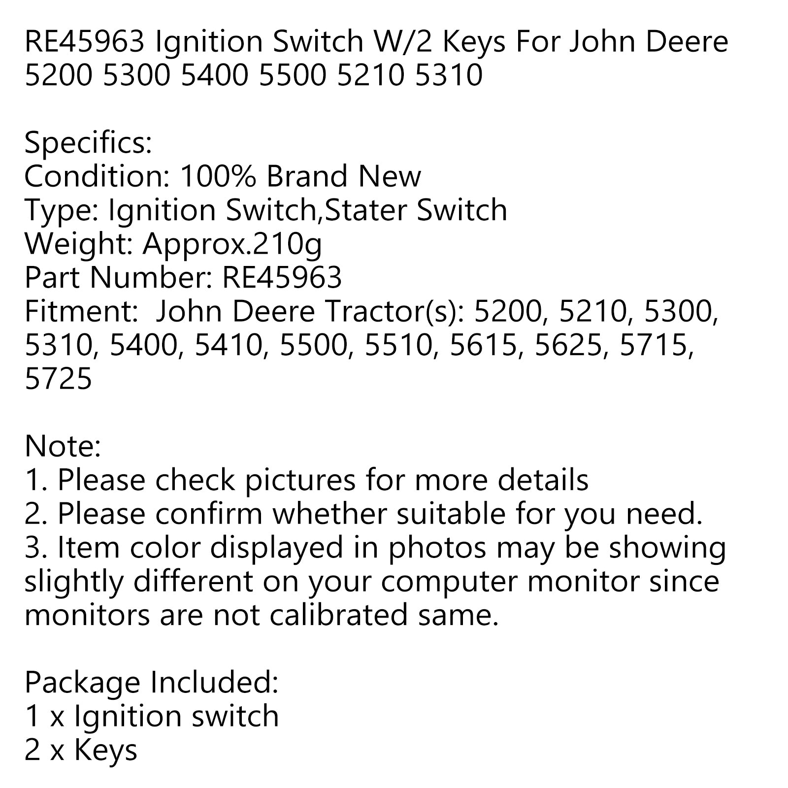 RE45963 Ignition Switch For John Deere Tractor 5200 5210 5300 5310 5400 5500 USA